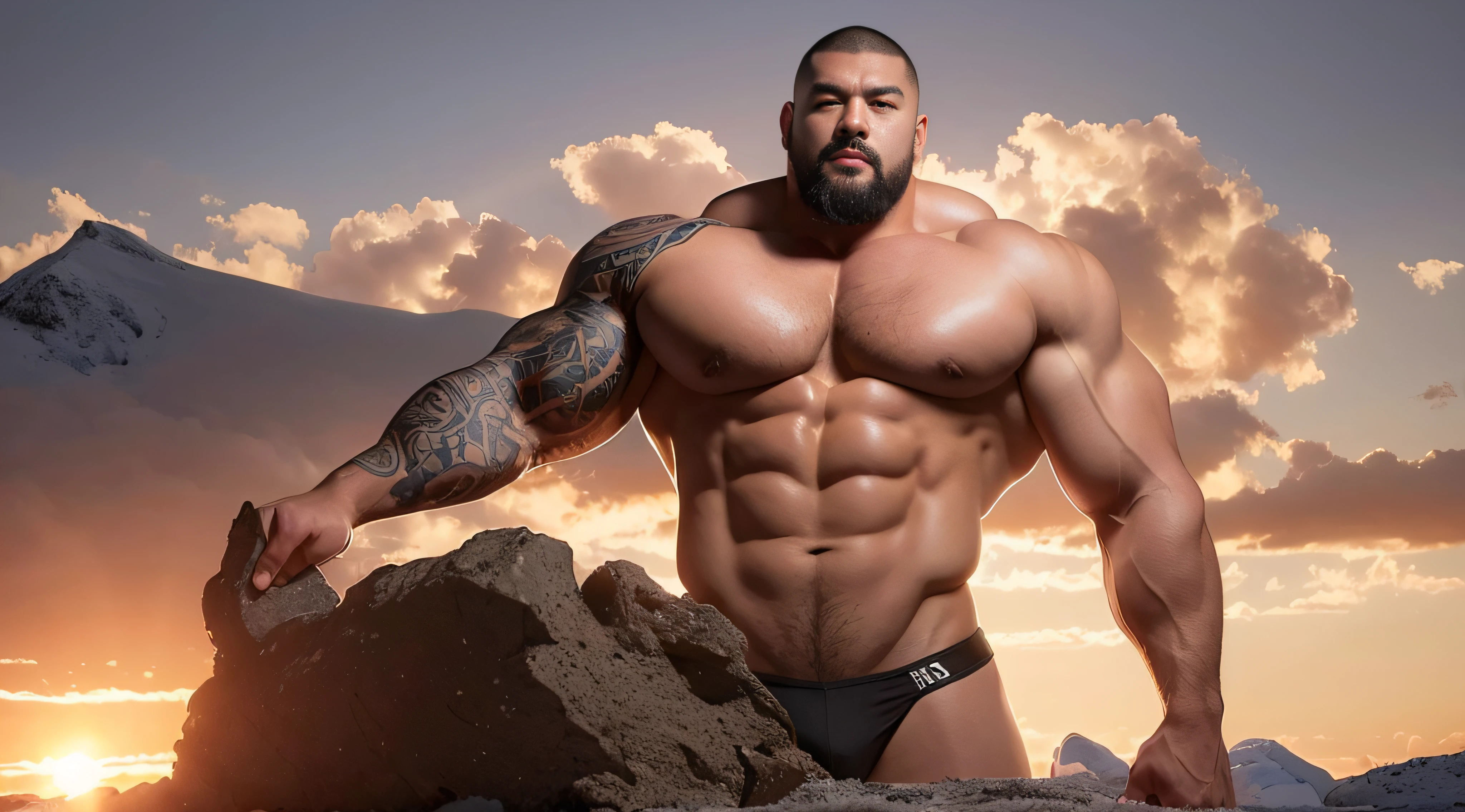 A Chinese bodybuilder, on,the super hot and sexy,Blonde hair, short detailed hair, on a snowy mountain,Sunset lights, Short beard perfect figure with tattoos, Very huge and strong body, Bulging muscles, musculous, Very large pectoral muscles,Very sexy abs,The legs are muscular,Tall and mighty,Exposed Body,Tall and burly,toned figure,Huge raised genital area,Brightens oily skin,Muscular。