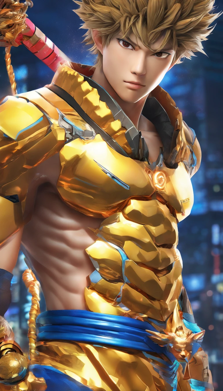 (best quality,high resolution,masterpiece:1.2),ultra-detailed,(realistic,photorealistic,photo-realistic:1.37),Sun Wukong,cyberpunk outfit,amazing shadows,perfect face,perfect hands,detailed clothing,impressive lighting,high-quality rendering,anime style,vivid colors