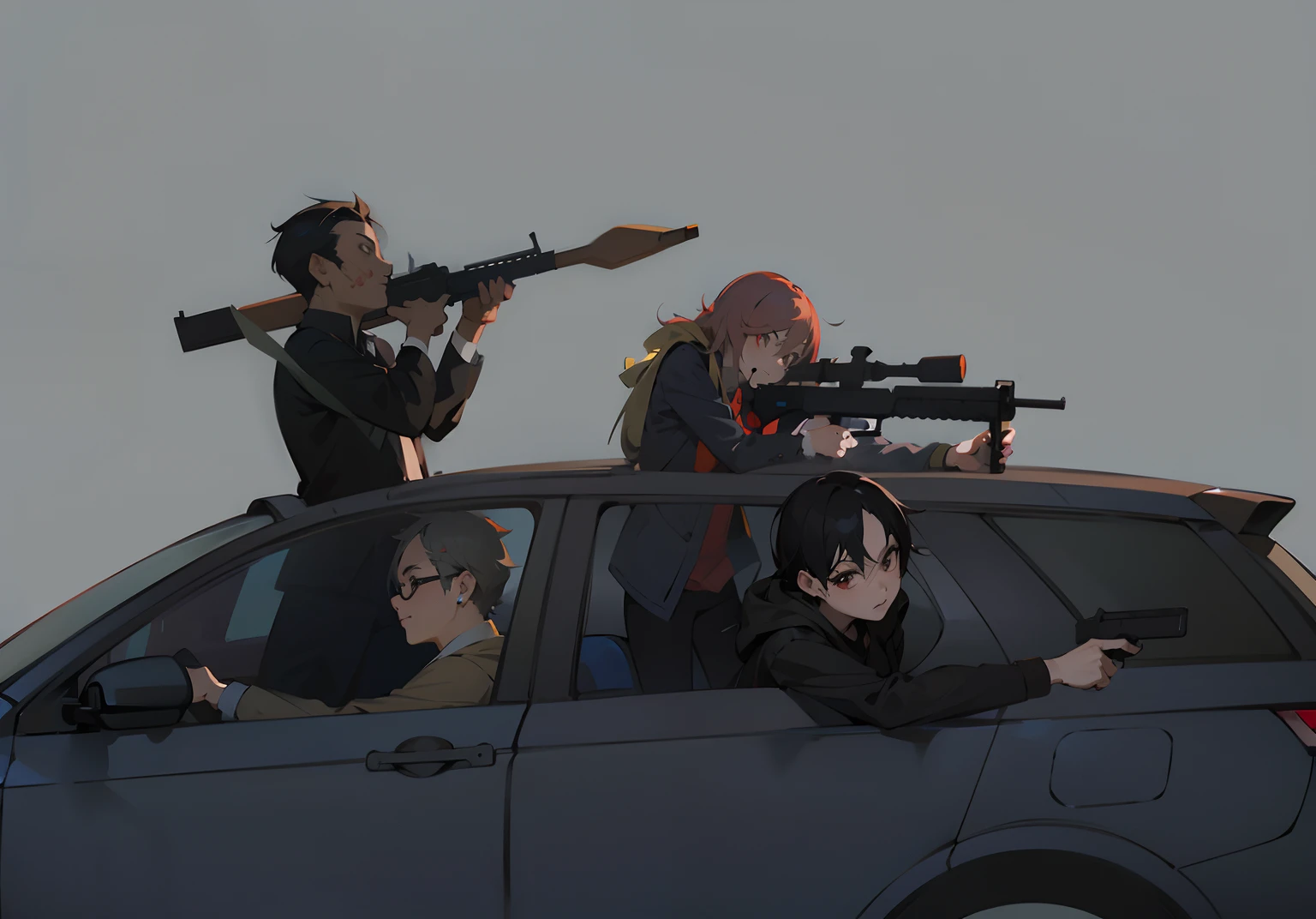 Anime characters sitting in cars,There are guns on it, Guviz-style artwork, Badass anime 8 K, Guviz, author:New Art, author:yanjun cheng, anime machine gun fire, Guweiz in Pixiv ArtStation, Guweiz on ArtStation Pixiv, modern anime style, author:Yoshihiko Wada