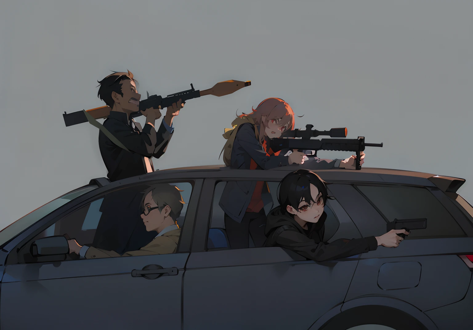 Anime characters sitting in cars,There are guns on it, Guviz-style artwork, Badass anime 8 K, Guviz, author:New Art, author:yanjun cheng, anime machine gun fire, Guweiz in Pixiv ArtStation, Guweiz on ArtStation Pixiv, modern anime style, author:Yoshihiko Wada