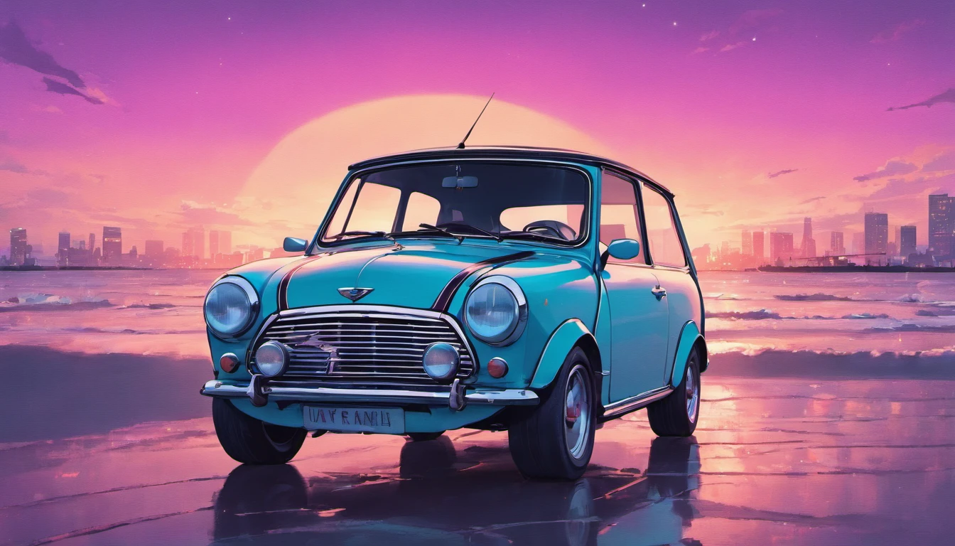 a mini Cooper identical to the real one in front of the sunset, Estilo Vaporwave, Estilo neon, linhas suaves, Arte do adesivo vetorial, vector kernel, detalhes intrincados, design de camiseta preta, 8k