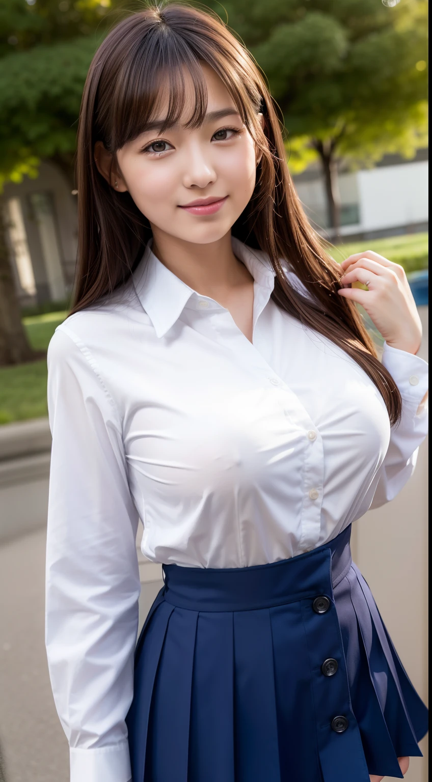 Enhanced dynamic perspective，Cute cute beautiful girl，JK school uniform，Look at me and smile，simple backgound，Works of masters，high quarity，4K resolution，super-fine，Detailed pubic hair，acurate，Cinematic lighting，Leaves the original facial proportions、(large full breasts)、((buttonGap))、The shirt is open to reveal the、The shirt is open to reveal the nipples