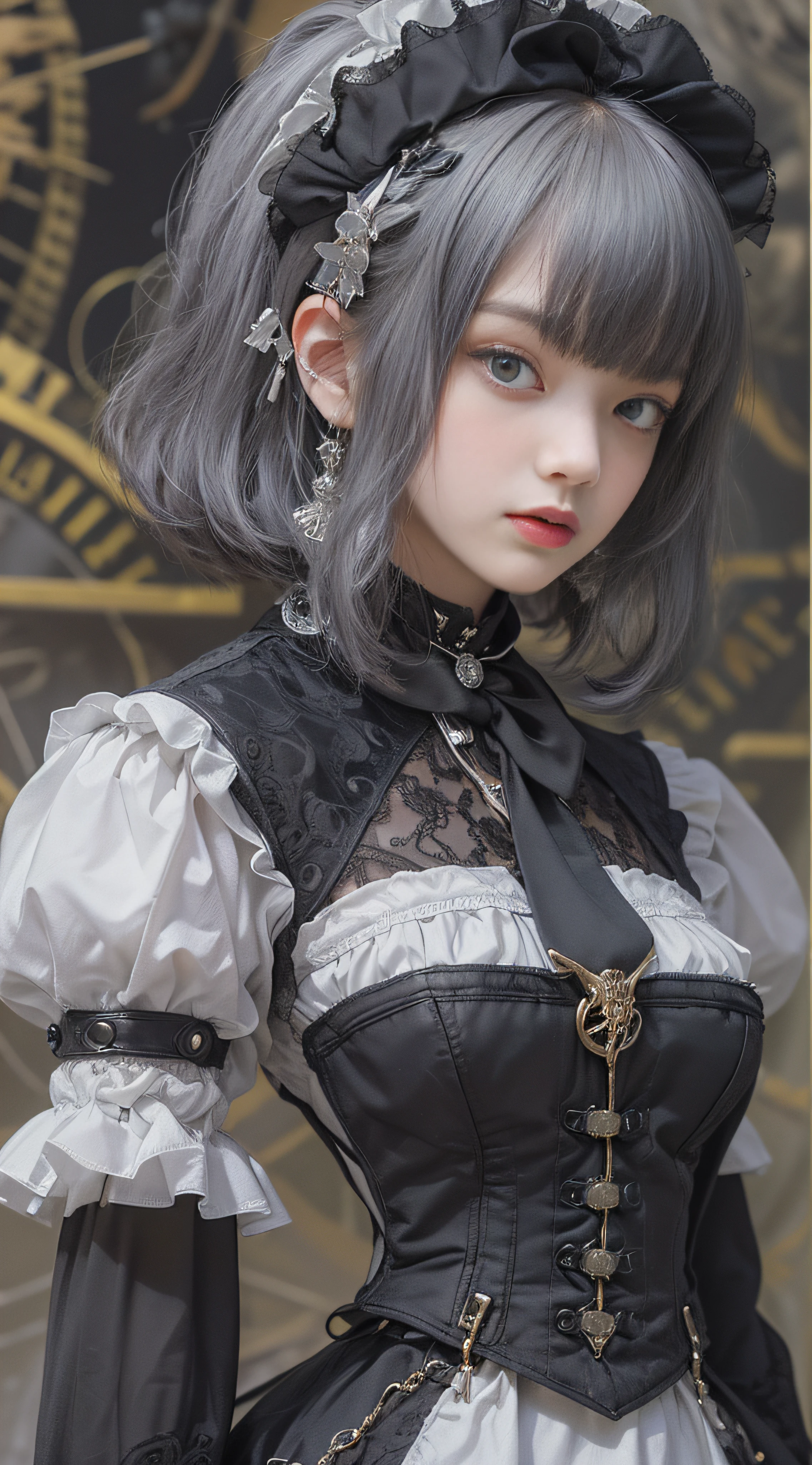 (((Masterpiece, top quality, super detailed))), (((high definition face))), female, (((short black bob, thick puffy bangs ))), (((very detailed face))), small thin nose, small thin-lipped mouth, (((very sharp focused eyes))), large slit precision pale grey eyes, sparkling like jewels, ((Steampunk fashion, Off-shoulder gothic lolita fashion)), (((overall accuracy has improved dramatically, creating a super detailed and realistic image))),
