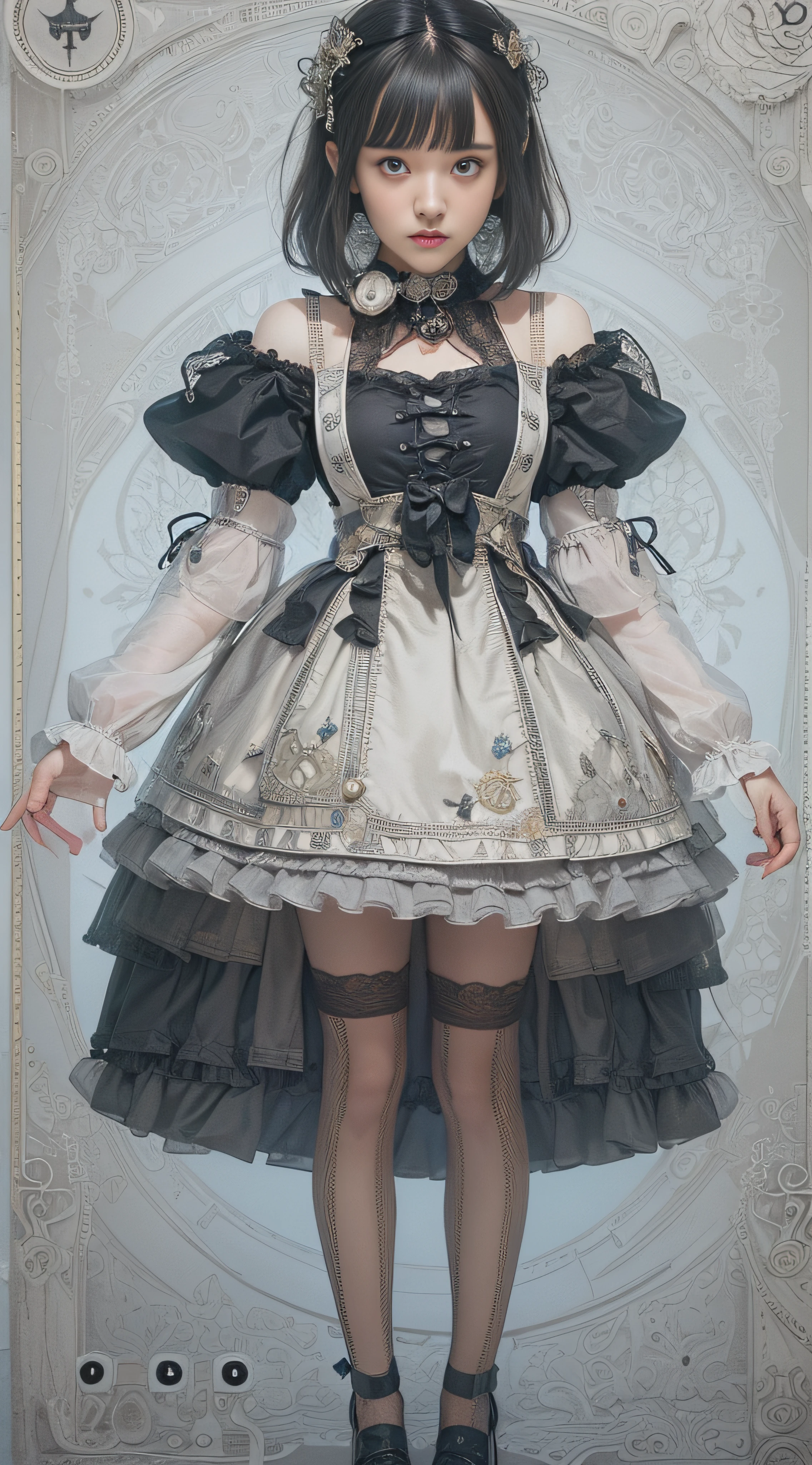 (((Masterpiece, top quality, super detailed))), (((high definition face))), 14 year old female, (((short black bob, thick puffy bangs ))), (((very detailed face))), small thin nose, small thin-lipped mouth, (((very sharp focused eyes))), large slit precision pale grey eyes, sparkling like jewels, ((Steampunk fashion, Off-shoulder gothic lolita fashion)), (((overall accuracy has improved dramatically, creating a super detailed and realistic image))),