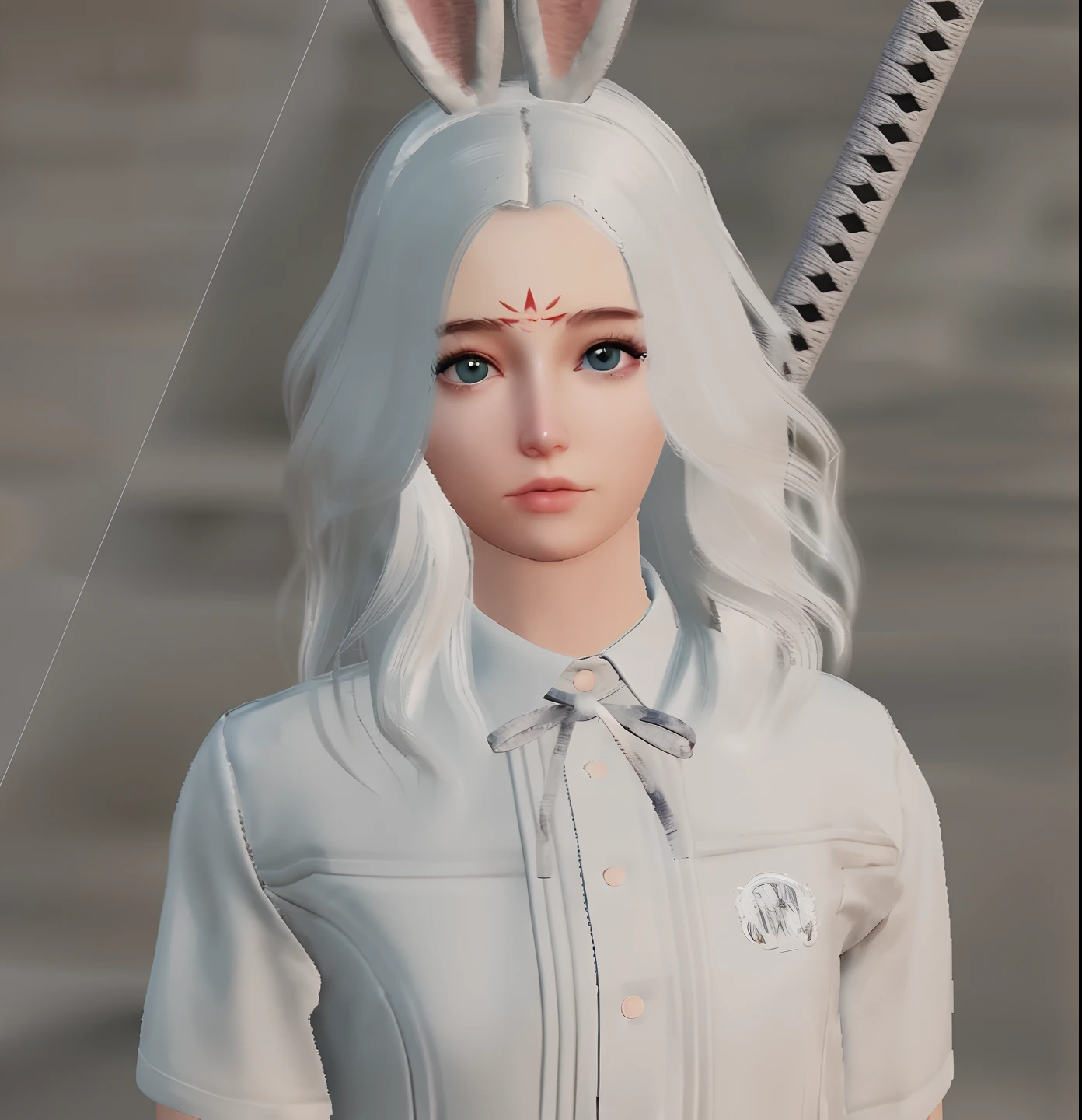 there is a woman with a bunny ears and a white shirt, ultrarealistic sweet bunny girl, white cat girl, white ( cat ) girl, perfect white haired girl, render of april, detailed white long hair, one girl has white hair, girl with white hair, female character, white haired, close up character, with white long hair, with long white hair