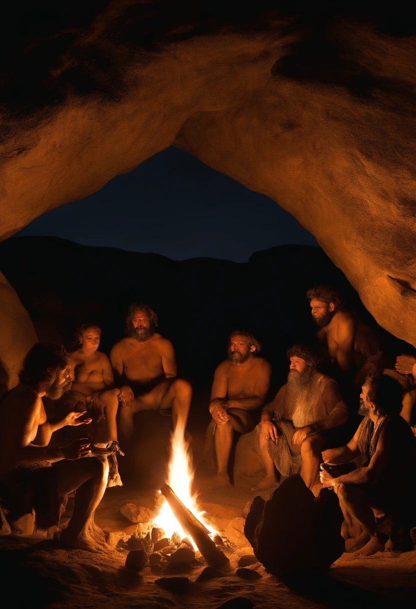 There are many people around a campfire in the desert, pre - historic cave man family, rave da idade da pedra em uma caverna, vestindo roupas de homem das cavernas, Povo neandertal, next to the dinosaur are cavemen, Paleolithic cave painting, Paleolithic rock art, caverna antiga, Paleolithic painting, Prehistoric cave painting, pintura rupestre, uma pintura rupestre, Idade da Pedra
