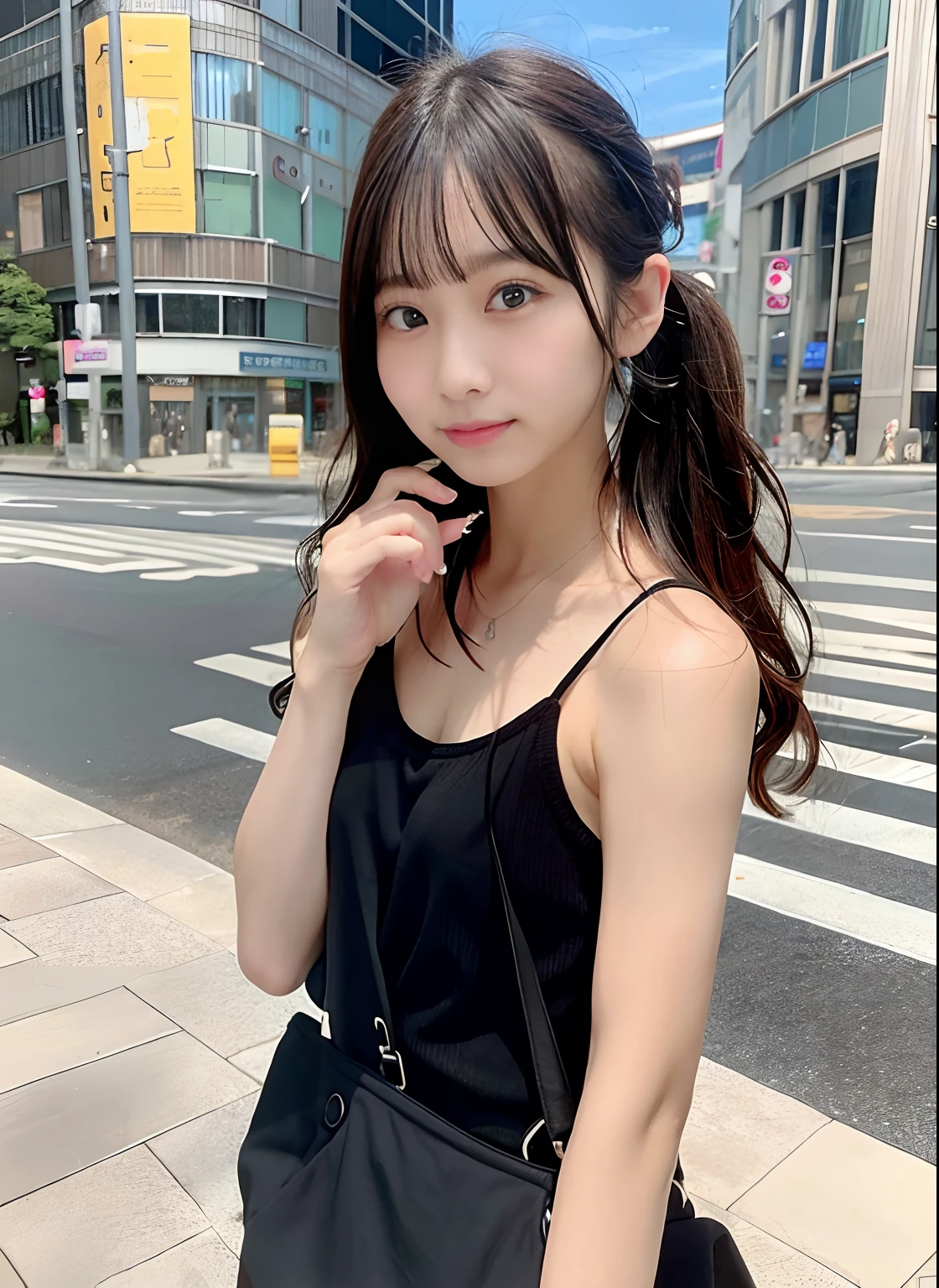 Woman,no-makeup,student clothes,Y shirt.Hair is wet,In front of Shibuya Station,Twin-tailed,closing eye,Paisla,Shoulder bag,Faintly transparent black camisole,エロ