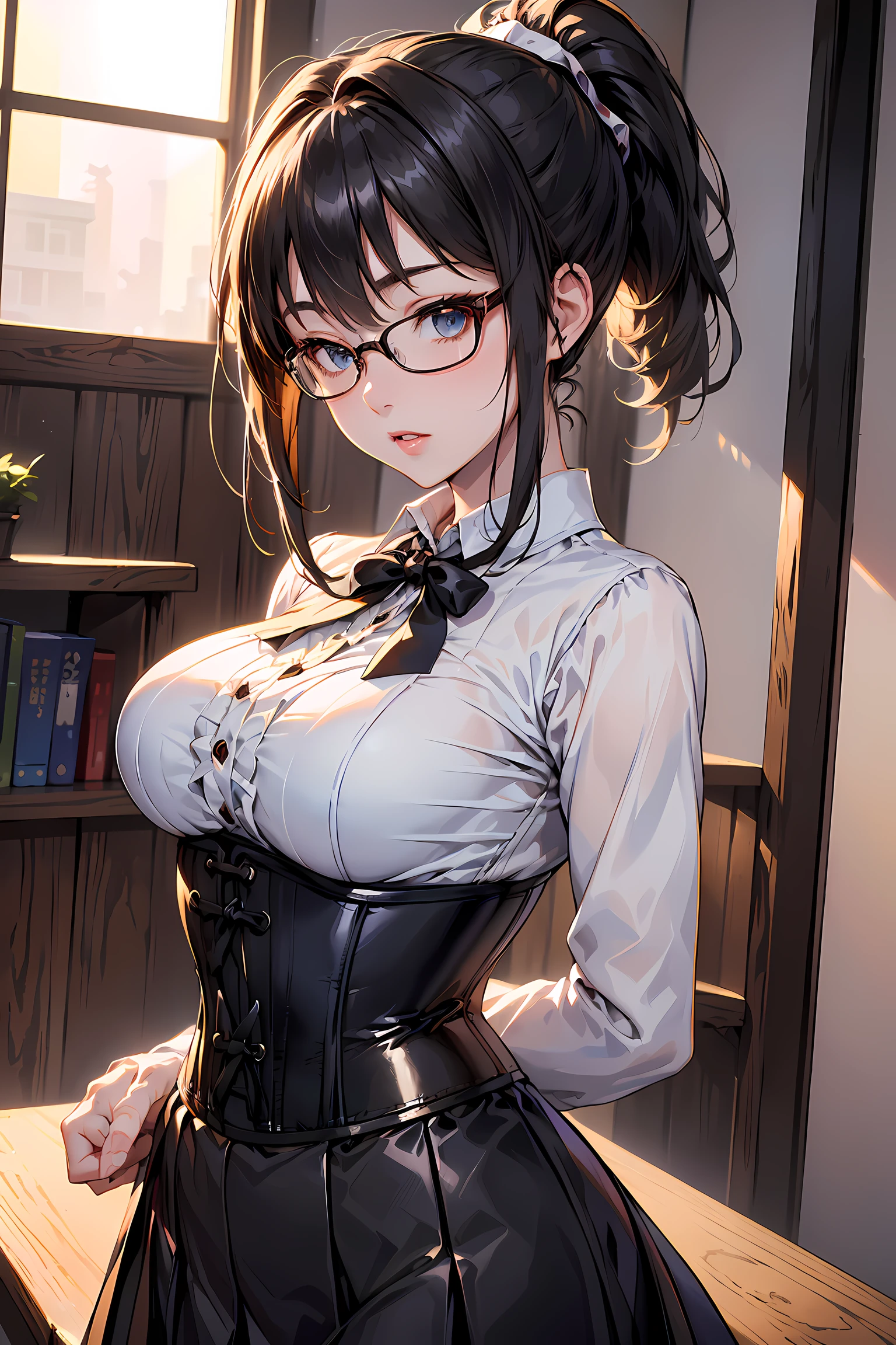 (1glasses girl:1.3, solo), (Audrey Hepburn:1.3), (a extremely pretty and beautiful Japanese woman), (sexy girl), (professional attire:1.3), (22 years old: 1.1), (from below:1.3), (low angle:1.3), (ground level shot:1.3), (girl on top:1.3), (arms behind back between legs:1.3), (attractive random posing:1.3), (in the queen's room:1.3), (look down:1.3), (starring at you:1.3), (front view:1.3), break, (ponytail:1.3), (shiny-black thin hair:1.2), bangs, dark brown eyes, beautiful eyes, princess eyes, (big eyes:1.3), bangs, wearing a glasses:1.3, Hair between eyes, short hair:1.3, (slender:1.1), (small-medium-breasts:0.95), (thin waist: 1.15), (detailed beautiful girl: 1.4), Parted lips, Red lips, full-make-up face, (shiny skin), ((Perfect Female Body)), (upper body image:1.3), Perfect Anatomy, Perfect Proportions, (most beautiful Korean actress face:1.3, extremely cute and beautiful Japanese actress face:1.3), BREAK, (View viewer, wearing a embroidery frills sexy teacher uniform, (insanely detailed classical gothic teacher outfit:1.3), (white collared blouse:1.3, long-sleeve:1.3), (corset:1.3), (black high-waist-jumper-skirt:1.3), (lace frill skirt), detailed clothes, BREAK, (detailed classy queen's room background:1.2), (dark background), (Studio soft lighting: 1.3), (fake lights: 1.3), (backlight: 1.3), BREAK, (Realistic, Photorealistic: 1.37), (Masterpiece, Best Quality: 1.2), (Ultra High Resolution: 1.2), (RAW Photo: 1.2), (Sharp Focus: 1.3), (Face Focus: 1.2), (Ultra Detailed CG Unified 8k Wallpaper: 1.2), (Beautiful Skin: 1.2), (pale Skin: 1.3), (Hyper Sharp Focus: 1.5), (Ultra Sharp Focus: 1.5), (Beautiful pretty face: 1.3), (super detailed background, detail background: 1.3), Ultra Realistic Photo, Hyper Sharp Image, Hyper Detail Image,