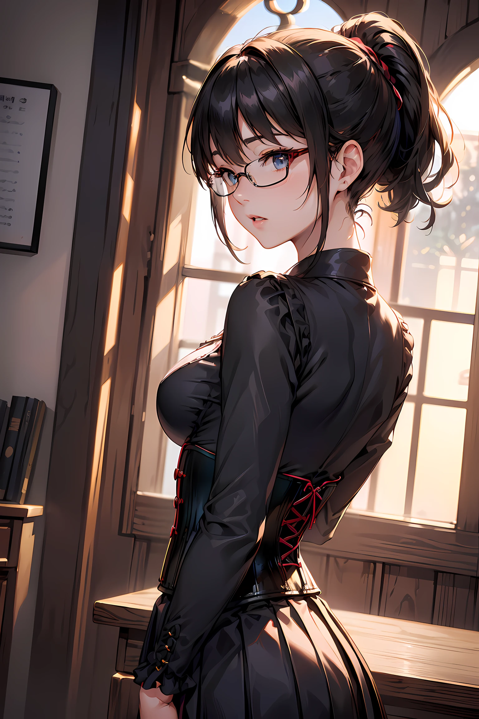 (1glasses girl:1.3, solo), (Audrey Hepburn:1.3), (a extremely pretty and beautiful Japanese woman), (sexy girl), (professional attire:1.3), (22 years old: 1.1), (from below:1.3), (low angle:1.3), (ground level shot:1.3), (girl on top:1.3), (arms behind back between legs:1.3), (attractive random posing:1.3), (in the queen's room:1.3), (look down:1.3), (starring at you:1.3), (front view:1.3), break, (ponytail:1.3), (shiny-black thin hair:1.2), bangs, dark brown eyes, beautiful eyes, princess eyes, (big eyes:1.3), bangs, wearing a glasses:1.3, Hair between eyes, short hair:1.3, (slender:1.1), (small-medium-breasts:0.95), (thin waist: 1.15), (detailed beautiful girl: 1.4), Parted lips, Red lips, full-make-up face, (shiny skin), ((Perfect Female Body)), (upper body image:1.3), Perfect Anatomy, Perfect Proportions, (most beautiful Korean actress face:1.3, extremely cute and beautiful Japanese actress face:1.3), BREAK, (View viewer, wearing a embroidery frills sexy teacher uniform, (insanely detailed classical gothic teacher outfit:1.3), (white collared blouse:1.3, long-sleeve:1.3), (corset:1.3), (black high-waist-jumper-skirt:1.3), (lace frill skirt), detailed clothes, BREAK, (detailed classy queen's room background:1.2), (dark background), (Studio soft lighting: 1.3), (fake lights: 1.3), (backlight: 1.3), BREAK, (Realistic, Photorealistic: 1.37), (Masterpiece, Best Quality: 1.2), (Ultra High Resolution: 1.2), (RAW Photo: 1.2), (Sharp Focus: 1.3), (Face Focus: 1.2), (Ultra Detailed CG Unified 8k Wallpaper: 1.2), (Beautiful Skin: 1.2), (pale Skin: 1.3), (Hyper Sharp Focus: 1.5), (Ultra Sharp Focus: 1.5), (Beautiful pretty face: 1.3), (super detailed background, detail background: 1.3), Ultra Realistic Photo, Hyper Sharp Image, Hyper Detail Image,