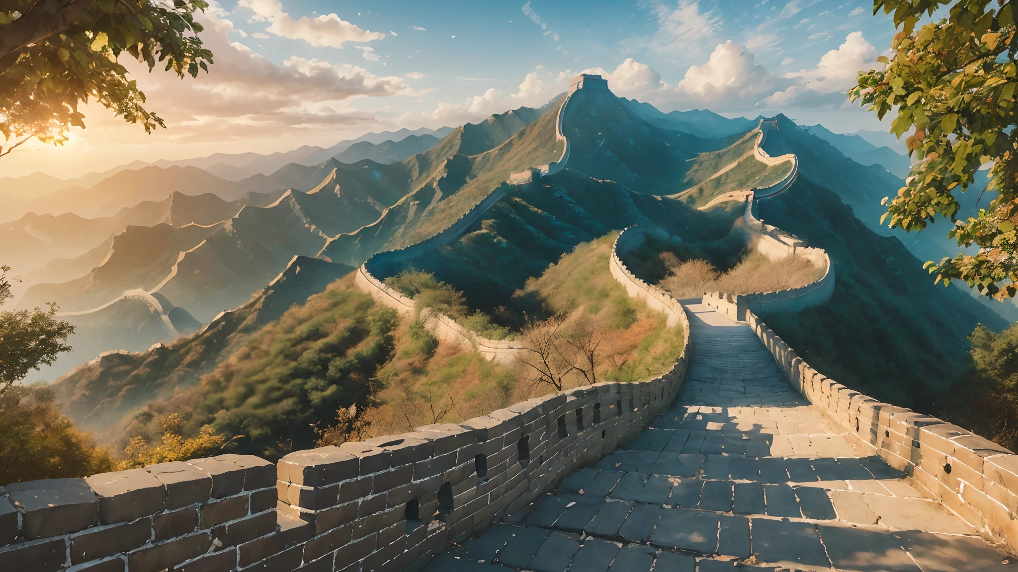 (majestic Great Wall), absurdity, high quality, extremely fine, artwork, brushstrokes, Chinese painting, winding path, morning, pillar of light, best quality, masterpiece, high painting, mountain horizon, river, forest, sunset, popular deviant art, ultra-realistic 8k, soft colors, soft lighting, golden hour, calm atmosphere