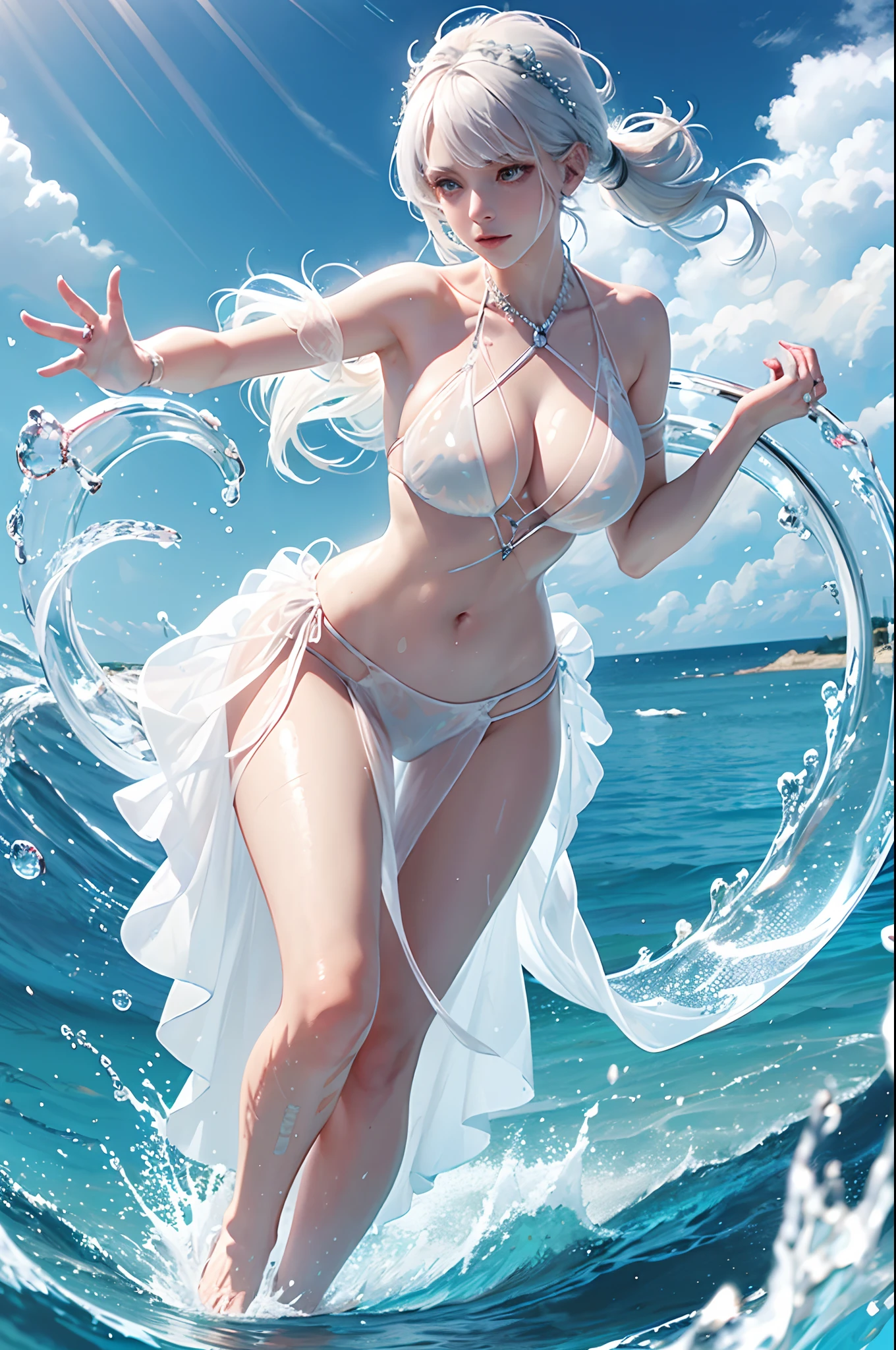 White hair,water,1girll,(Water ring:1.4),High quality,Masterpiece,A beautiful woman surrounded by a ring of water,Water splashes,the wallpaper,(Translucent white gauze dress:1.3),(Bikini:1.3),pony tails,Walking,Splashing water,fantasy,Medium breasts,cleavage,Slender,Animated style,