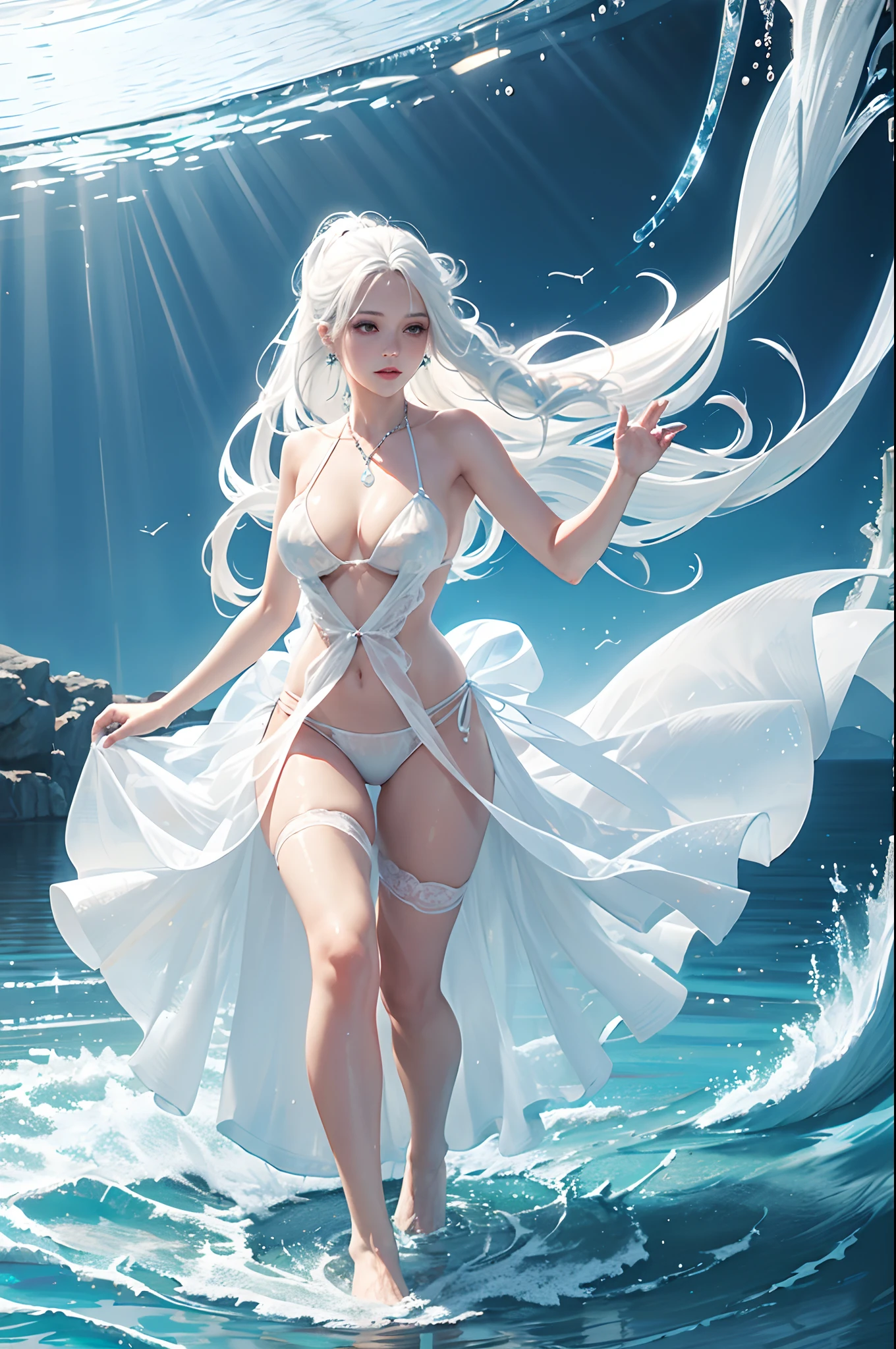 White hair,water,1girll,(Water ring:1.4),High quality,Masterpiece,A beautiful woman surrounded by a ring of water,Water splashes,the wallpaper,(Translucent white gauze dress:1.3),(Bikini:1.3),pony tails,Walking,Splashing water,fantasy,Medium breasts,cleavage,Slender,Animated style,