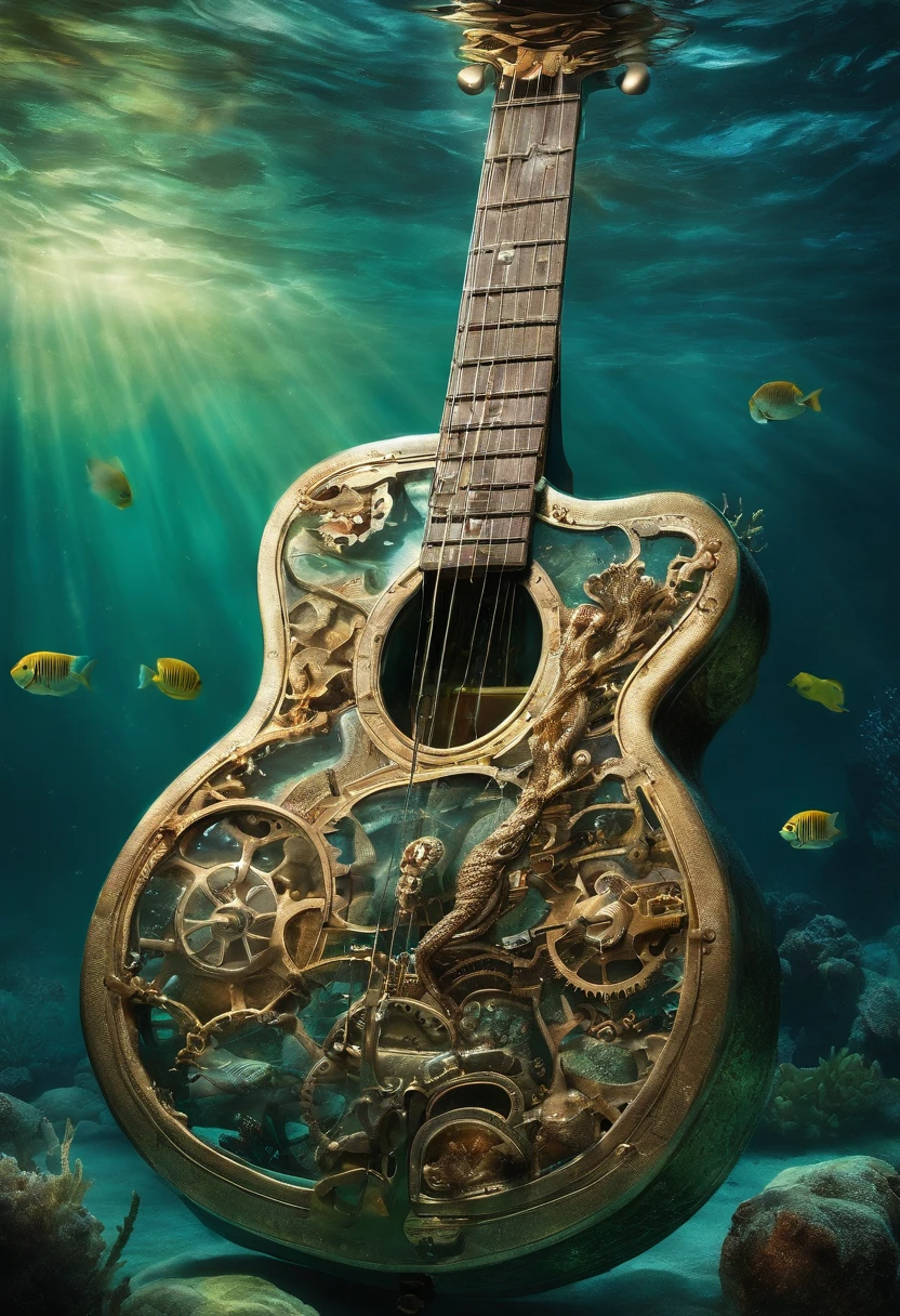 {{A mesmerizing depiction of an electric guitar}} submerged underwater, with bubbles rising around it. This is an underwater fantasy-inspired image that showcases the guitar's beauty in an unusual setting. The environment/background should be an underwater world with colorful coral reefs to create a dreamy and surreal atmosphere. The image should be in the style of a digital painting, incorporating elements of underwater fantasy art. The close-up shot, captured with a macro lens, will provide an intimate and enchanting view of the guitar's intricate details and the underwater flora. The lighting should be ethereal, emphasizing the play of light through the water and the guitar's design. The desired level of detail is high with a high-resolution, highlighting the guitar's otherworldly qualities. The goal is to create a captivating image that transports viewers to an enchanting underwater realm
