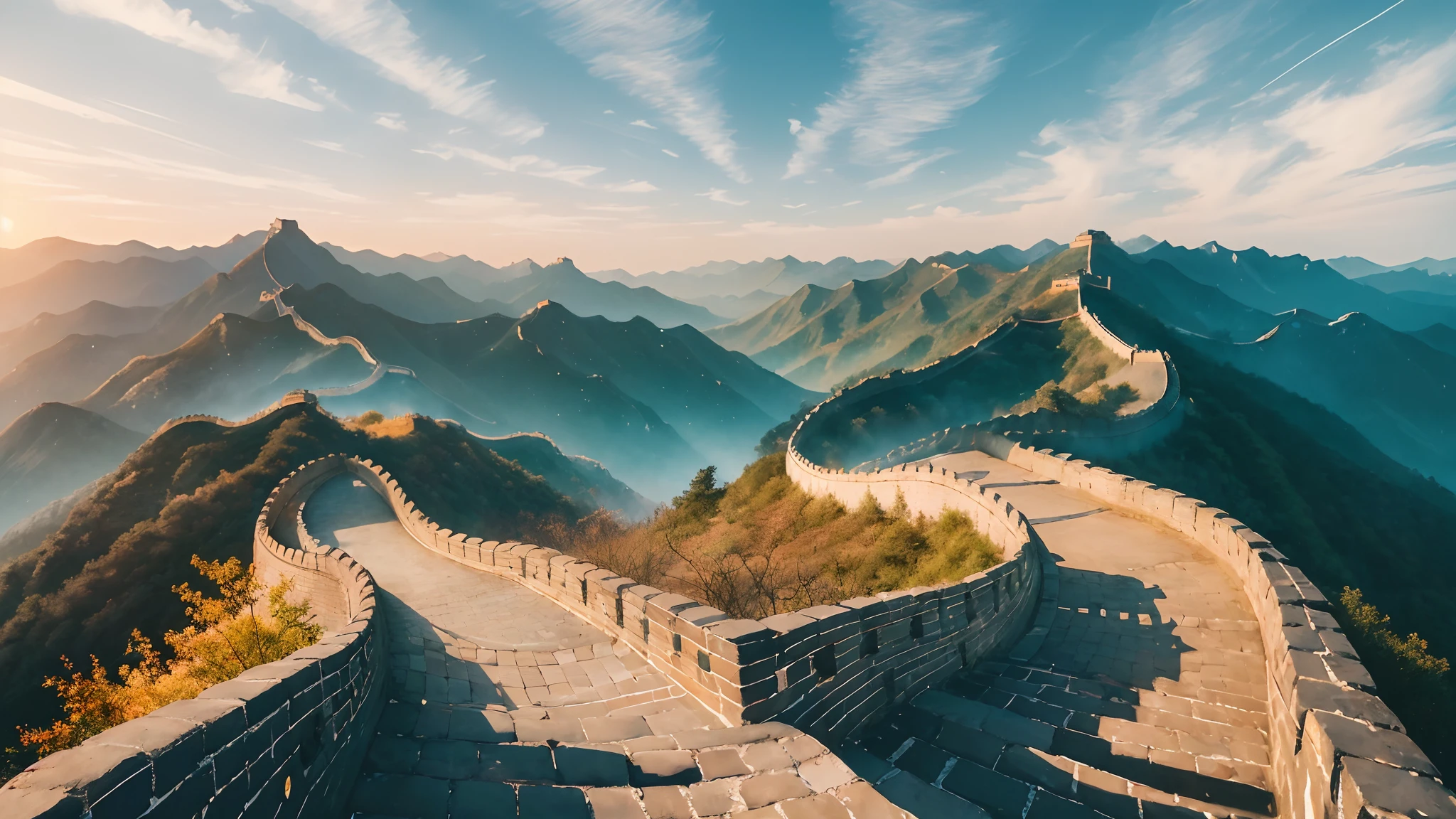 (majestic Great Wall), absurdity, high quality, extremely fine, artwork, brushstrokes, Chinese painting, winding path, morning, pillar of light, best quality, masterpiece, high painting, mountain horizon, river, forest, sunset, popular deviant art, ultra-realistic 8k, soft colors, soft lighting, golden hour, calm atmosphere