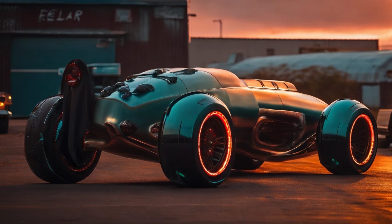 a 3/4 front view of ((futuristic cyberpunk hotrod zeekars)) (with glowing tires), next to ((gal gadot)), at the parking lot, sunset