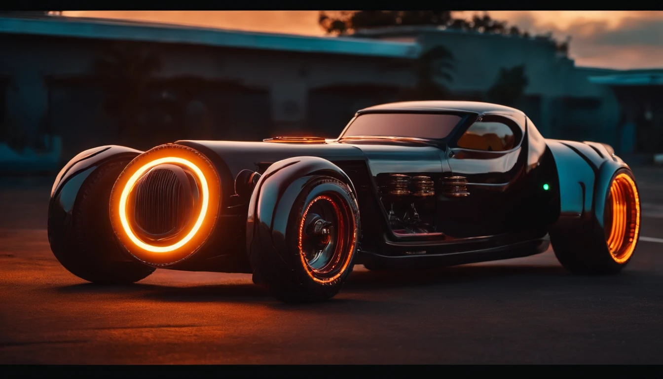 a 3/4 front view of ((futuristic cyberpunk hotrod zeekars)) (with glowing tires), next to ((gal gadot)), at the parking lot, sunset