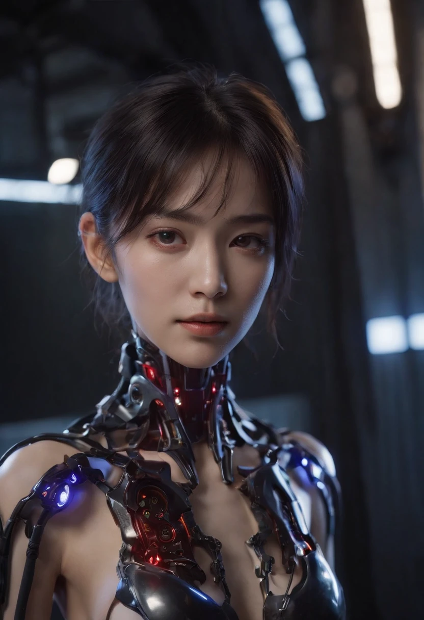 Top quality, Masterpiece, 超高分辨率, (Photorealistic: 1.4), RAW photo, 1 girl, Black hair, Glossy glossy skin, 1 mechanical girl, (hyper realistic detailed)), Portrait, Global illumination, Shadows, Octane rendering, 8K, ultrasharp, , Cleavage Exposed Raw Skin, metal, Intricate Ornament Details, Japan Details, very complex details, Realistic light, CGSoation trend, Purple eyes, Glowing eyes, Facing the camera, neon light detail, Mechanical limbs, Blood vessels connected to the tube, Mechanical vertebrae attached to the back, mechanical cervical attachment to the neck, Sitting, wires and cables connecting to head, Evangelion, small led lights,