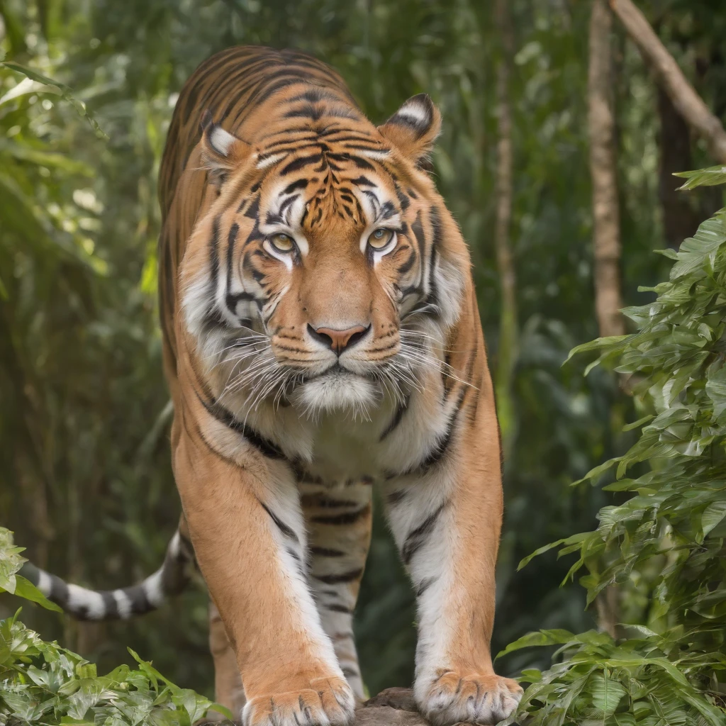 best quality,4k,8k,highres,masterpiece:1.2,ultra-detailed,realistic:1.37,rare golden tiger,tropical forest,glimmering sunlight,dense foliage,striking blue eyes,elusive presence,ferocious stance,majestic creature,stunning fur patterns,vivid colors,physically-based rendering,lush greenery,sharp focus,stalking through shadows,endangered species,pristine wilderness,meticulous details,powerful and regal,twinkling sunlight,breathtaking beauty,subtle golden hues,magnificent predator,emerald-colored foliage,sleek and muscular physique,exotic beauty,majestic aura,striking contrast,mesmerizing gaze,elusive figure,secretive nature,hidden gem of the jungle,ultimate masterpiece