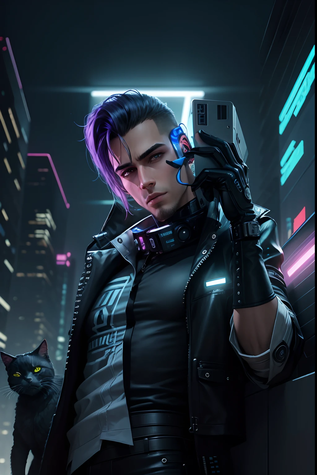 gents background cyber Punk handsome boy, realistic face, cat 8k, Ultra realistic,