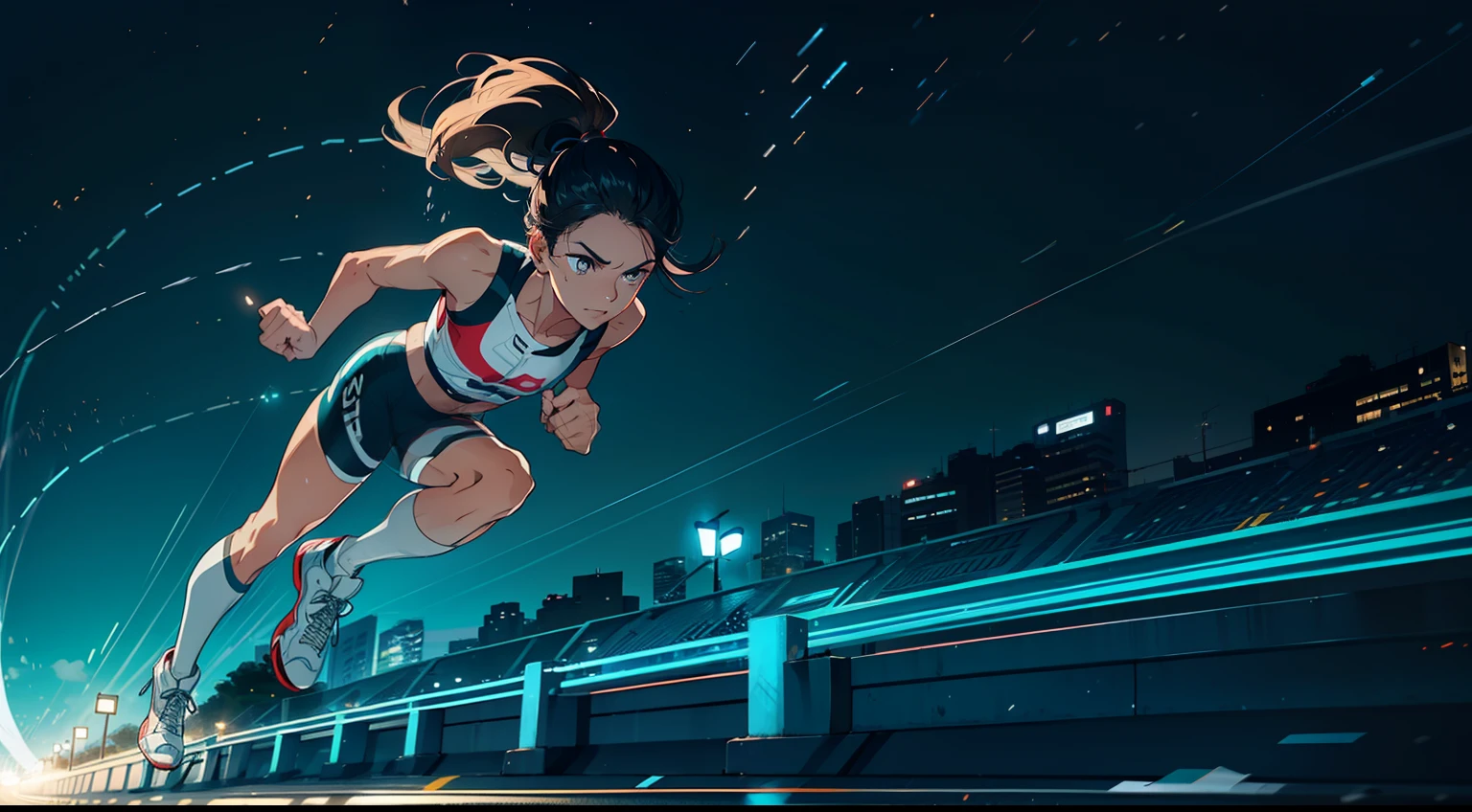 ((realista: 1.5)), ((melhor qualidade)), ((obra-prima)), ((detalhado)), ((Motion Trail Effect)), homem, cabelos espetados,, super heroi, asiatico, correndo com hyper velocidade, deixando rastro de movimento, Motion Trail, efeito de velocidade, correndo em uma pista longa, rastros de velocidade, poder super velocidade
