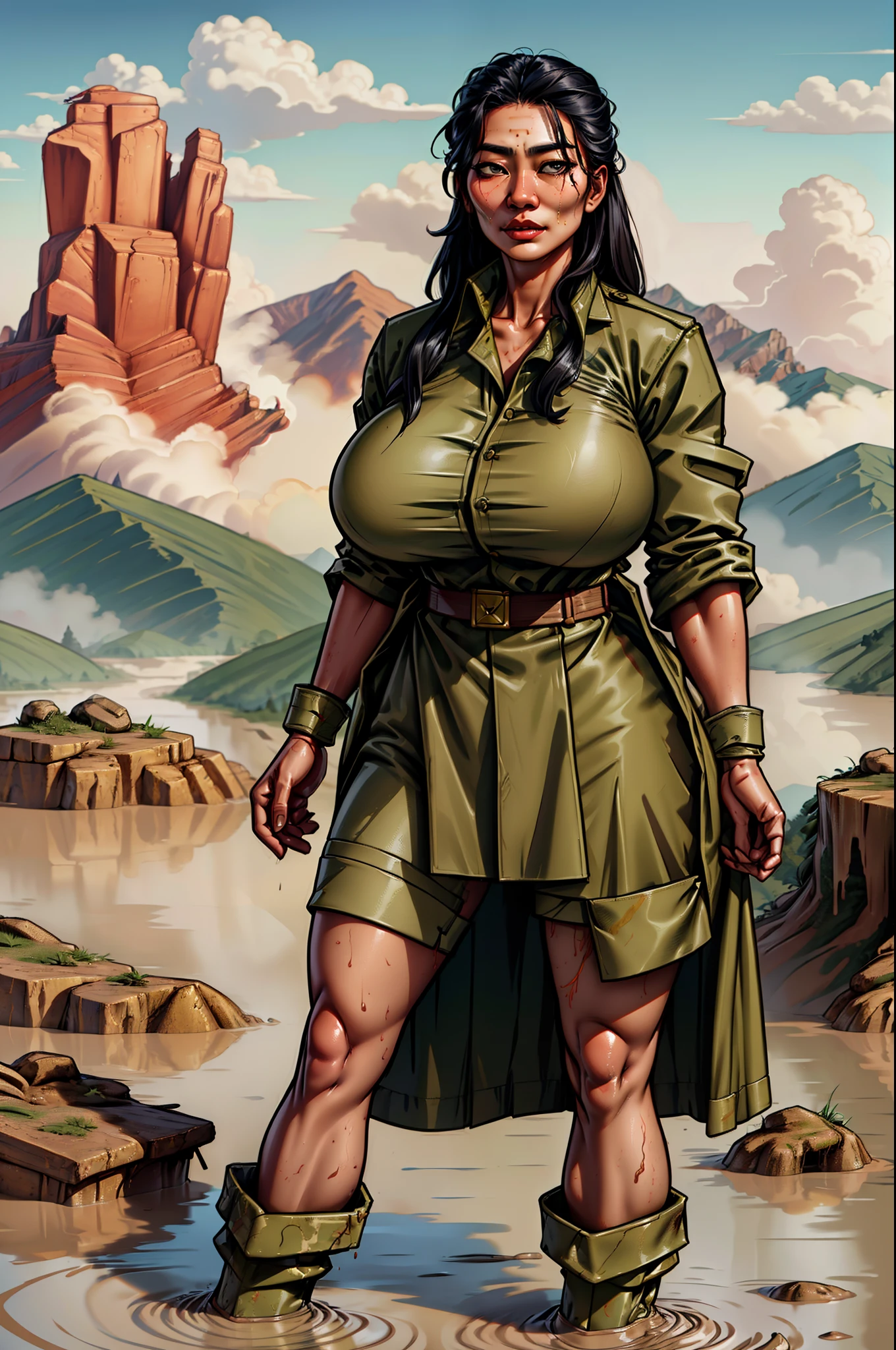 "A strong-willed Asian woman, clad in rugged military attire, stands resolutely amidst the muddy terrain." cleavage