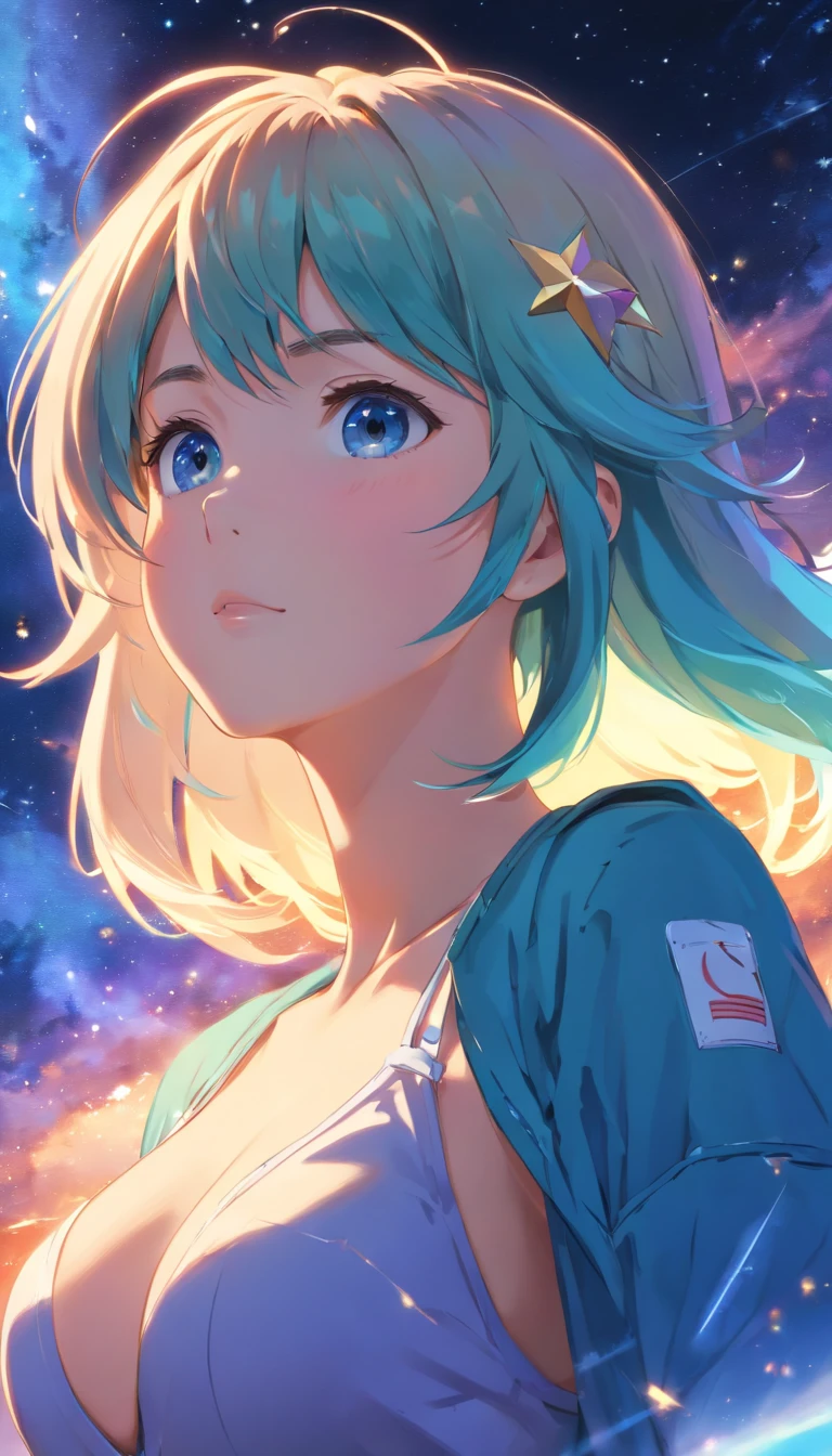 (1girl: 1.3), (Pretty Face, Pretty Eyes: 1.0), (Lens 135mm f1.8, Core Shadow, Movie Light, Dynamic Light, Particle Light, Drama Light: 1.1), (High Resolution, Octane Rendering , ultra-detailed ray tracing, 8k: 1.2), (rough outline: 1.4), big eyes, ((((upper body)))), close-up, iridescent eyes, star eyes, starry sky, ((nebula breast background)) , colorful hair, realistic shadows, high quality shadows, medium breasts