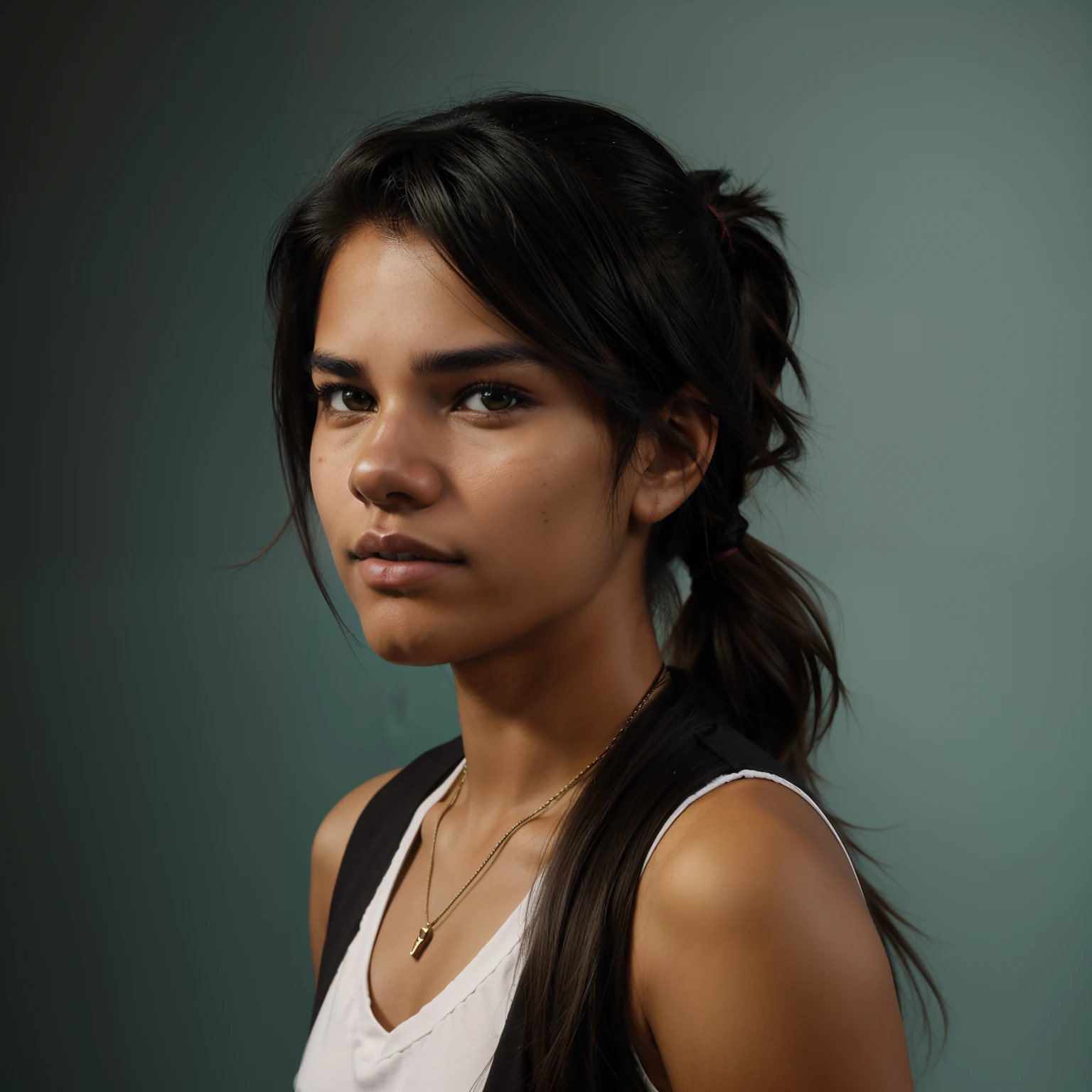 A Professional Photo Of An Indigenous Young Woman, ((Tupi Guarani Girl)), ((Tupinambá)), (21 Years Old), Tanned Skin Tone, ((Face Features Of Taylor Lautner)), ((Androgynous Face Features)), ((Medium Length Hair)), Ponytail Hairstyle, Curly Black Hair, Flowy Hairstyle, Pores, Realistic Skin, Brown Eyes, Wearing Makeup, Wearing Streetwear Clothing Style, ((Tomboy Clothing Style)), Studio Background, 90s Style Photography, Mugshot, Face Focused