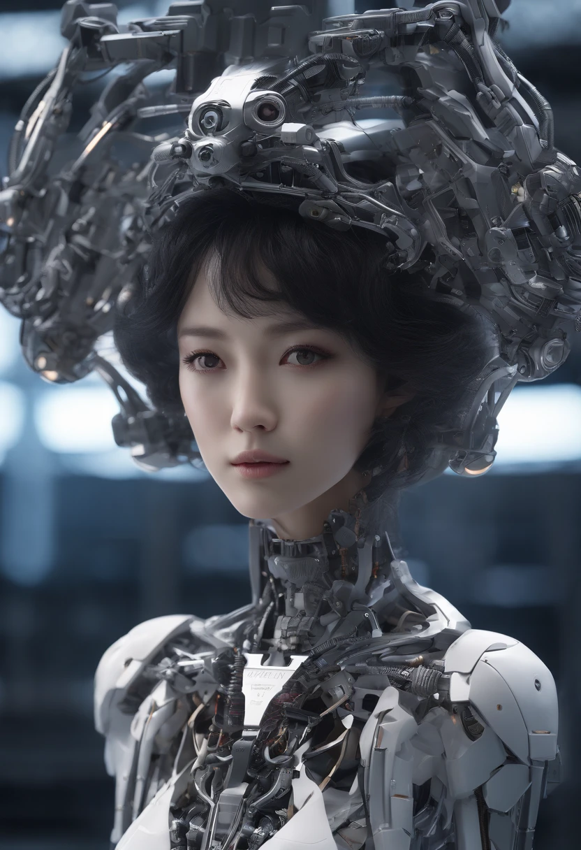 Top quality, Masterpiece, 超高分辨率, (Photorealistic: 1.4), RAW photo, 1 girl, Black hair, Glossy glossy skin, 1 mechanical girl, (hyper realistic detailed)), Portrait, Global illumination, Shadows, Octane rendering, 8K, ultrasharp, , Cleavage Exposed Raw Skin, metal, Intricate Ornament Details, Japan Details, very complex details, Realistic light, CGSoation trend, Purple eyes, Glowing eyes, Facing the camera, neon light detail, Mechanical limbs, Blood vessels connected to the tube, Mechanical vertebrae attached to the back, mechanical cervical attachment to the neck, Sitting, wires and cables connecting to head, Evangelion, small led lights,
