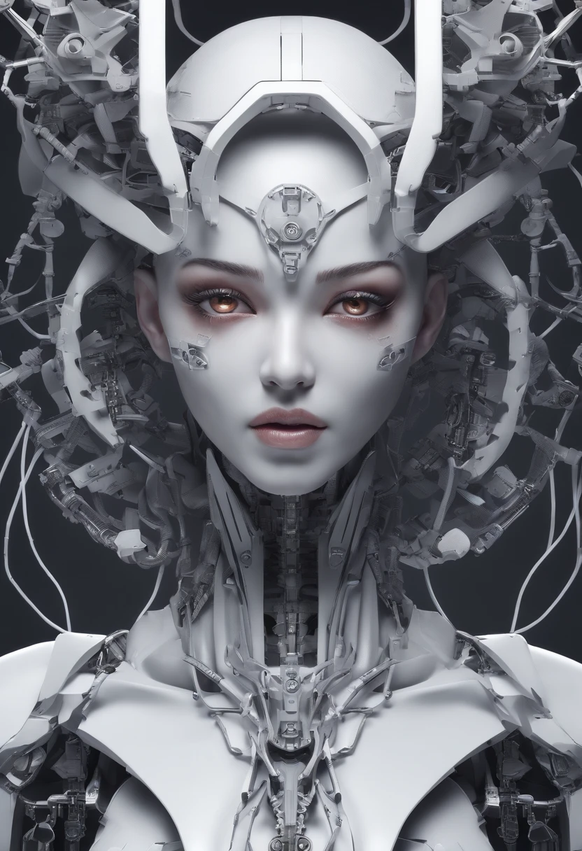 Top quality, Masterpiece, 超高分辨率, (Photorealistic: 1.4), RAW photo, 1 girl, Black hair, Glossy glossy skin, 1 mechanical girl, (hyper realistic detailed)), Portrait, Global illumination, Shadows, Octane rendering, 8K, ultrasharp, , Cleavage Exposed Raw Skin, metal, Intricate Ornament Details, Japan Details, very complex details, Realistic light, CGSoation trend, Purple eyes, Glowing eyes, Facing the camera, neon light detail, Mechanical limbs, Blood vessels connected to the tube, Mechanical vertebrae attached to the back, mechanical cervical attachment to the neck, Sitting, wires and cables connecting to head, Evangelion, small led lights,