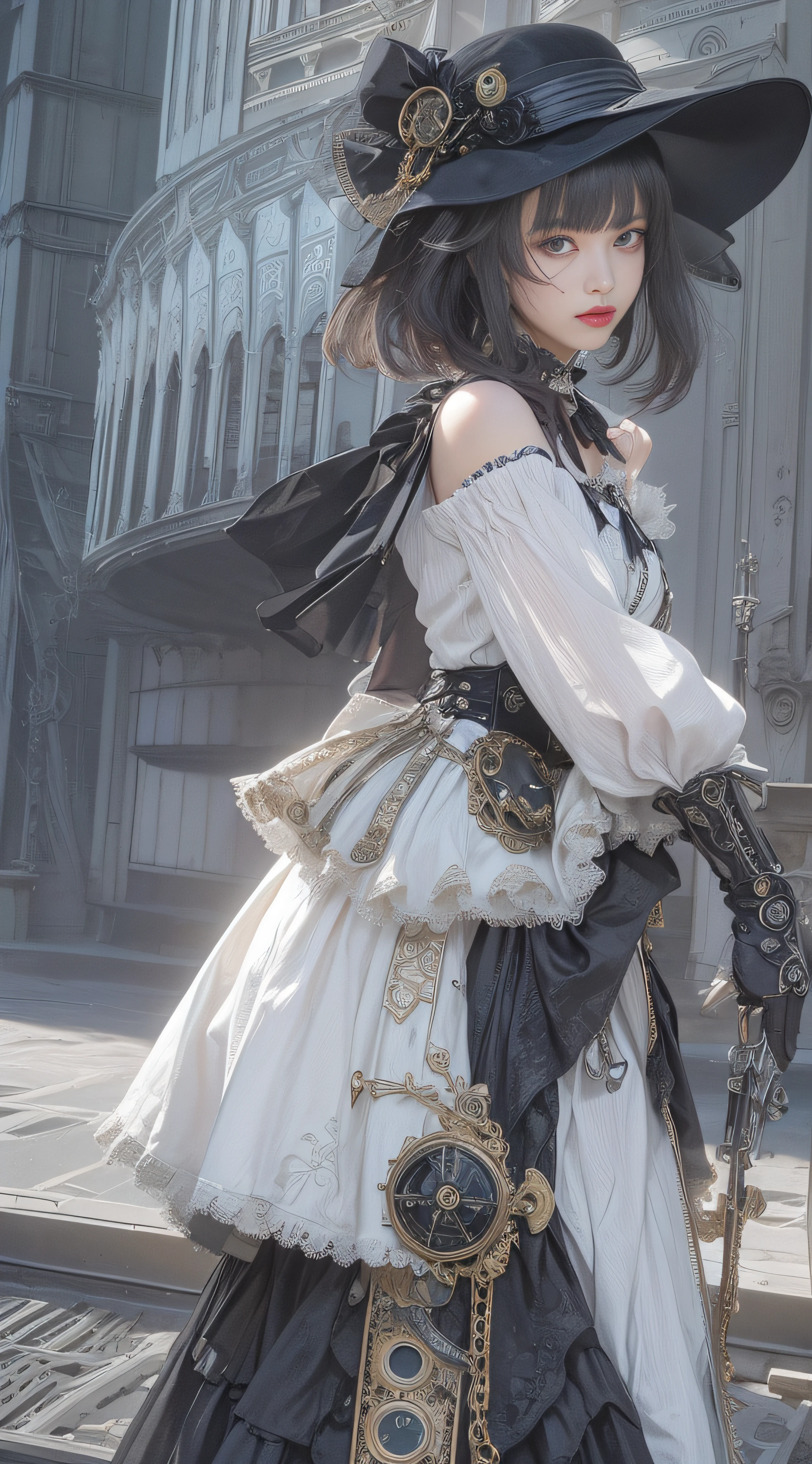 (((Masterpiece, top quality, super detailed))), (((high definition face))), 14 year old female, (((short black bob, thick puffy bangs ))), (((very detailed face))), small thin nose, small thin-lipped mouth, (((very sharp focused eyes))), large slit precision pale grey eyes, sparkling like jewels, ((Very intricate mechanical steampunk fashion, Off-shoulder gothic lolita fashion)), (((overall accuracy has improved dramatically, creating a super detailed and realistic image))),
