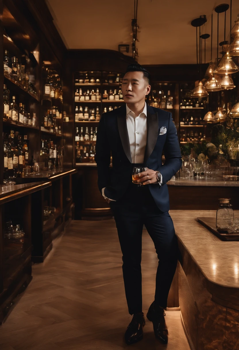 Dandy man with gray hair、Man in his 40s、4Kpicture quality、An ultra-high picture quality、Real like a real human、wears a suit、Ordering whiskey from the shot bar、Dim shop、Stylish store、Counter Table、A shop full of whiskey bottles