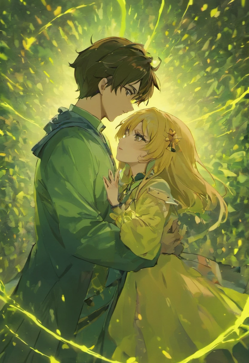 casal de anime se beijando na frente de um fundo verde, fanart de alta qualidade, !!Beautiful!!, Directed by: Kamisaka Sekka, beijando juntos fofos, Gregoire e Manon, official illustration, Arte Oficial, Beautiful!!, inspirado em Okumura Masanobu, fanart detalhado, cara bonito na arte demon slayer, Directed by: Yanagawa Nobusada, fanart oficial