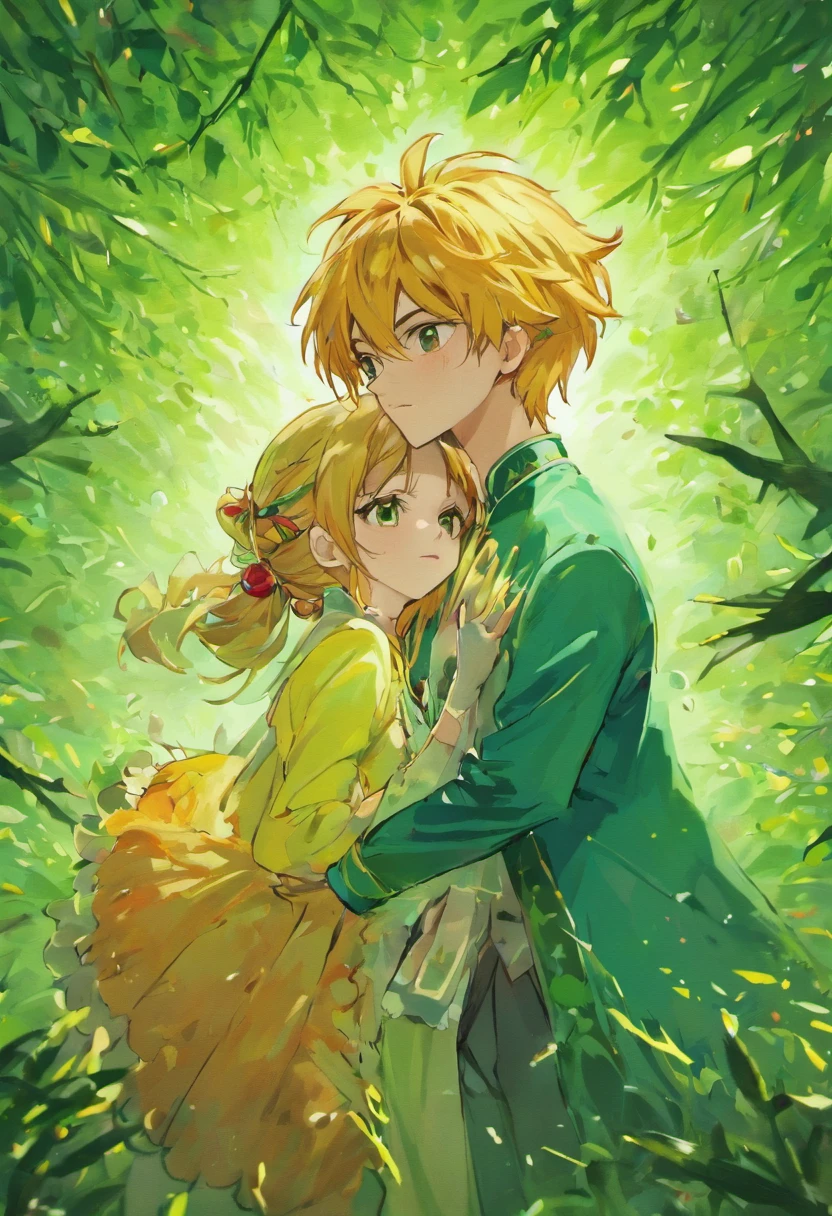 casal de anime se beijando na frente de um fundo verde, fanart de alta qualidade, !!Beautiful!!, Directed by: Kamisaka Sekka, beijando juntos fofos, Gregoire e Manon, official illustration, Arte Oficial, Beautiful!!, inspirado em Okumura Masanobu, fanart detalhado, cara bonito na arte demon slayer, Directed by: Yanagawa Nobusada, fanart oficial