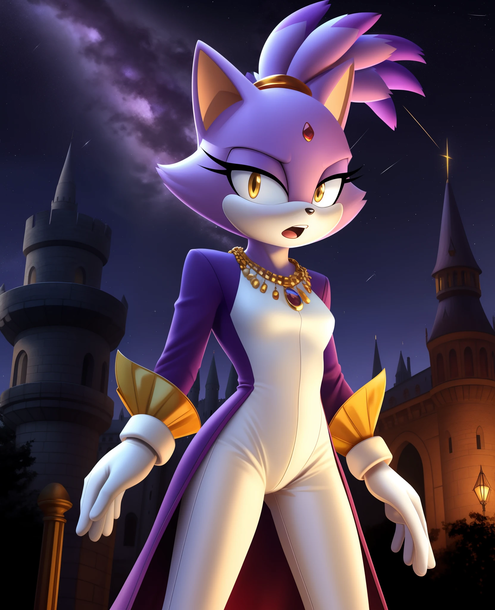 masterpiece, best quality, highres, Blaze The Cat,  1girl, gold necklace, white jumpsuit, animal_ears, closed_mouth, red forehead_jewel, fur-trimmed_gloves, fur_trim, furry, furry_female, gloves, long_sleeves, purple_coat, purple_hair, solo, standing, tied_hair, topknot, white_gloves, white_pants, yellow_eyes, tail, photo background,  night sky, castle, solo, shooting star, star \(sky\), perfect hands, perfect anatomy