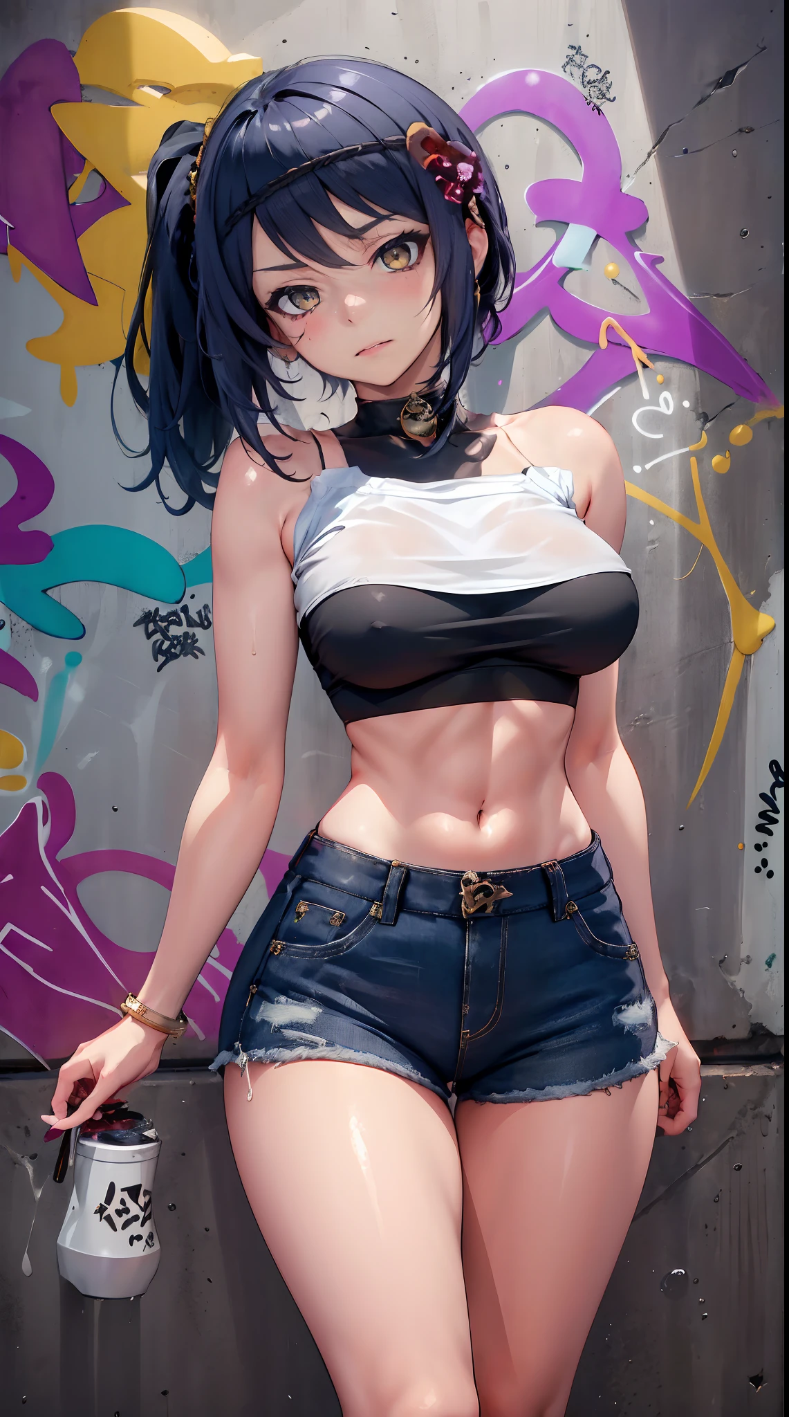 Kujou Sara Genshin Effect, masterpiece, bestquality, 1girls, mediuml breasts, long-haired ,Ponytail, bara, crop top, shorts jeans, choker, (Graffiti:1.5), Splash with purple lightning pattern., arm behind back, against wall, Look at the audience from behind., bracelet, Thigh strap, Head tilt, bored, Ponytail, water eyes,