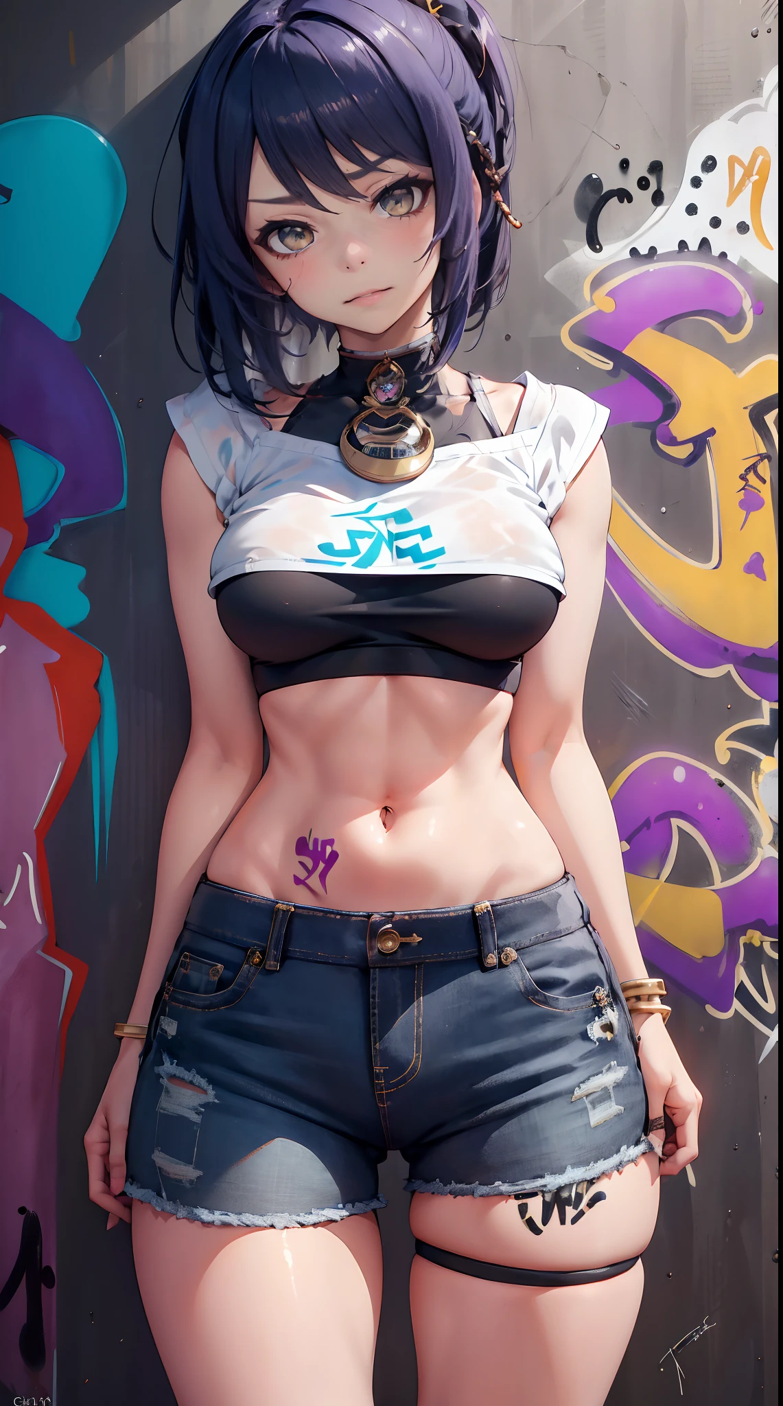 Kujou Sara Genshin Effect, masterpiece, bestquality, 1girls, mediuml breasts, long-haired ,Ponytail, bara, crop top, shorts jeans, choker, (Graffiti:1.5), Splash with purple lightning pattern., arm behind back, against wall, Look at the audience from behind., bracelet, Thigh strap, Head tilt, bored, Ponytail, water eyes,