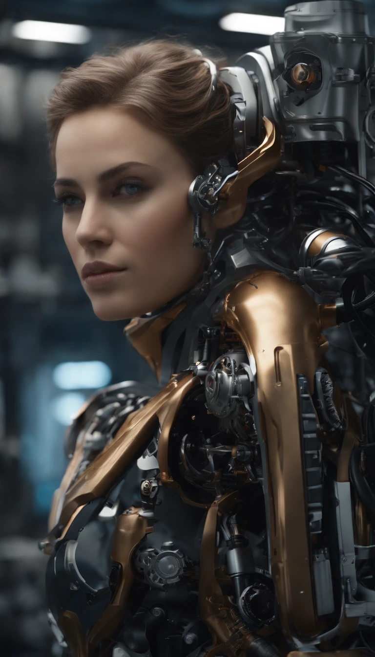 a portrait of robot woman in garage at night, science_fiction