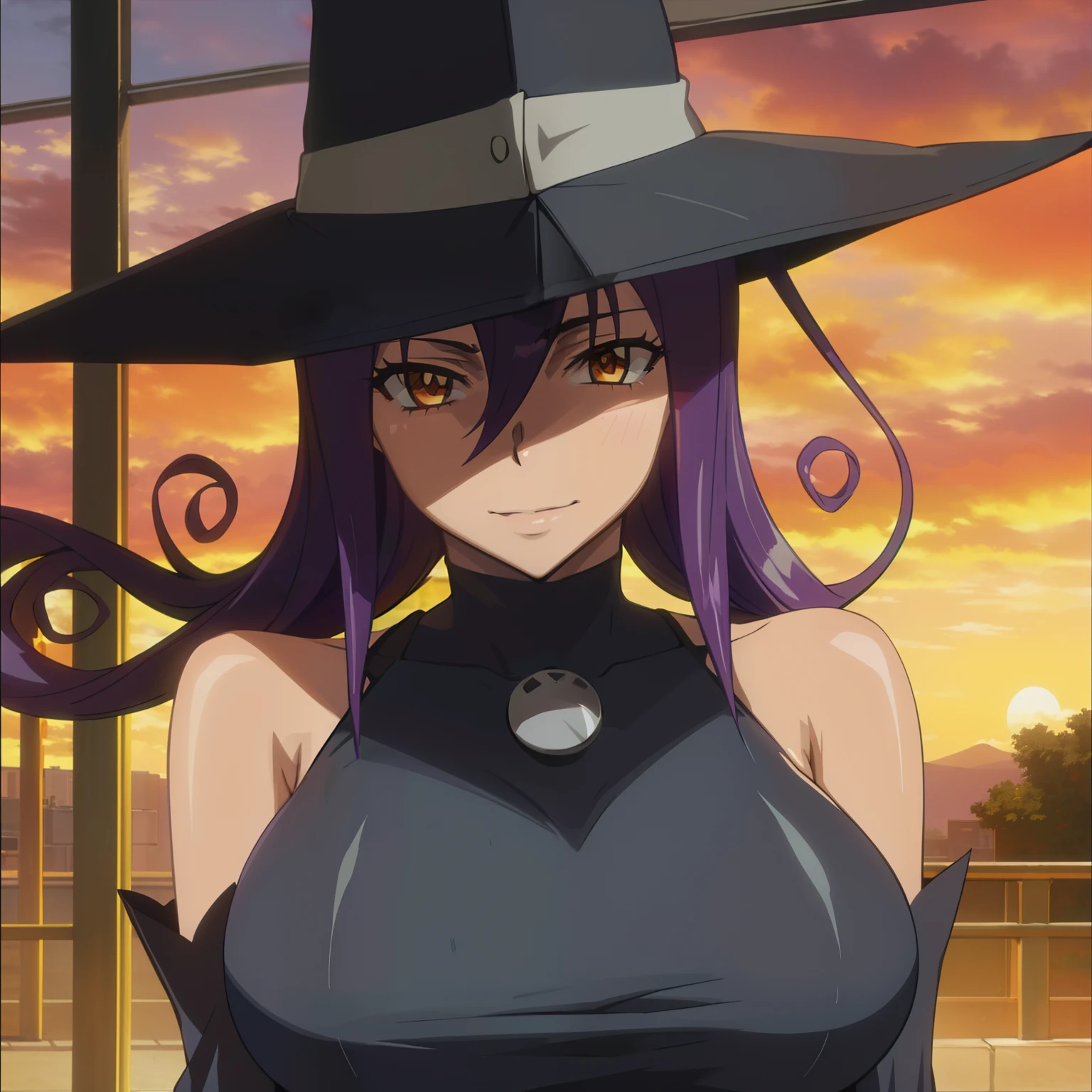 best quality, masterpiece, upper body, blair's hat, curls, black dress, detached sleeves,highschoolofthedead, smile, huge breasts