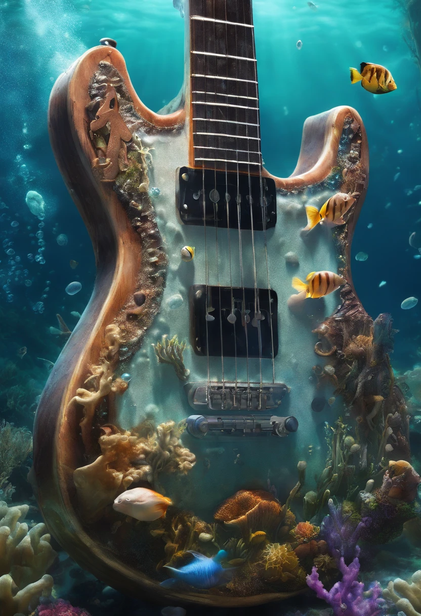 {{A mesmerizing depiction of an electric guitar}} submerged underwater, with bubbles rising around it. This is an underwater fantasy-inspired image that showcases the guitar's beauty in an unusual setting. The environment/background should be an underwater world with colorful coral reefs to create a dreamy and surreal atmosphere. The image should be in the style of a digital painting, incorporating elements of underwater fantasy art. The close-up shot, captured with a macro lens, will provide an intimate and enchanting view of the guitar's intricate details and the underwater flora. The lighting should be ethereal, emphasizing the play of light through the water and the guitar's design. The desired level of detail is high with a high-resolution, highlighting the guitar's otherworldly qualities. The goal is to create a captivating image that transports viewers to an enchanting underwater realm