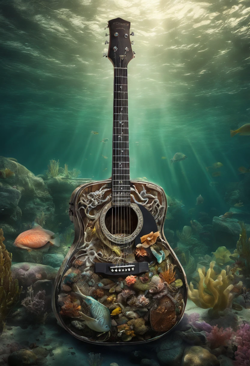 {{A mesmerizing depiction of an electric guitar}} submerged underwater, with bubbles rising around it. This is an underwater fantasy-inspired image that showcases the guitar's beauty in an unusual setting. The environment/background should be an underwater world with colorful coral reefs to create a dreamy and surreal atmosphere. The image should be in the style of a digital painting, incorporating elements of underwater fantasy art. The close-up shot, captured with a macro lens, will provide an intimate and enchanting view of the guitar's intricate details and the underwater flora. The lighting should be ethereal, emphasizing the play of light through the water and the guitar's design. The desired level of detail is high with a high-resolution, highlighting the guitar's otherworldly qualities. The goal is to create a captivating image that transports viewers to an enchanting underwater realm