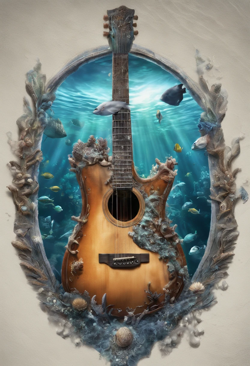 {{A mesmerizing depiction of an electric guitar}} submerged underwater, with bubbles rising around it. This is an underwater fantasy-inspired image that showcases the guitar's beauty in an unusual setting. The environment/background should be an underwater world with colorful coral reefs to create a dreamy and surreal atmosphere. The image should be in the style of a digital painting, incorporating elements of underwater fantasy art. The close-up shot, captured with a macro lens, will provide an intimate and enchanting view of the guitar's intricate details and the underwater flora. The lighting should be ethereal, emphasizing the play of light through the water and the guitar's design. The desired level of detail is high with a high-resolution, highlighting the guitar's otherworldly qualities. The goal is to create a captivating image that transports viewers to an enchanting underwater realm