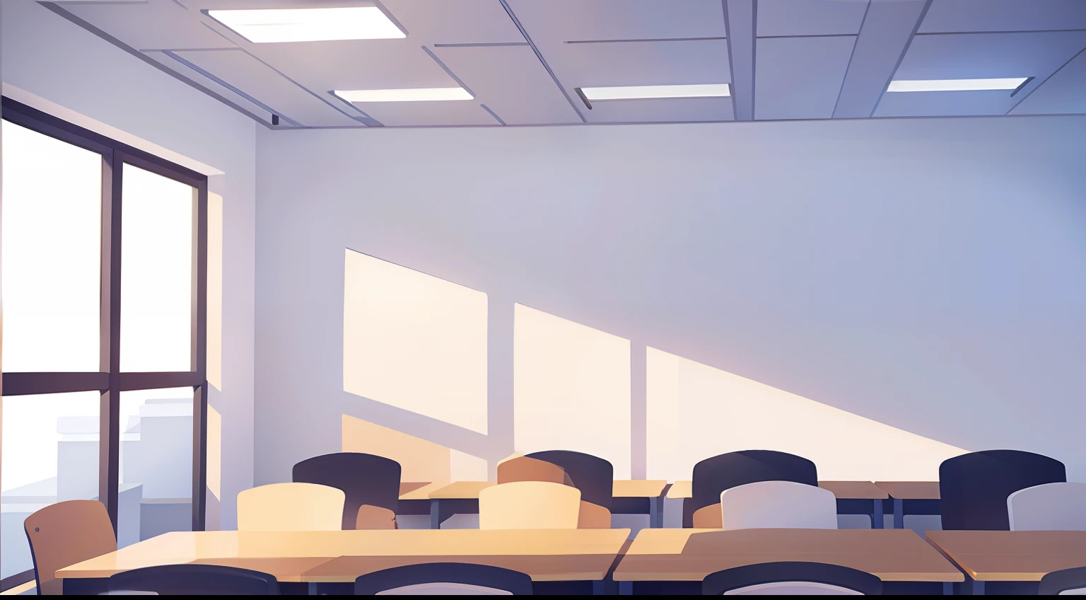Office Wall、white desk、Lots of chairs、window、window shade、Stable composition、No person