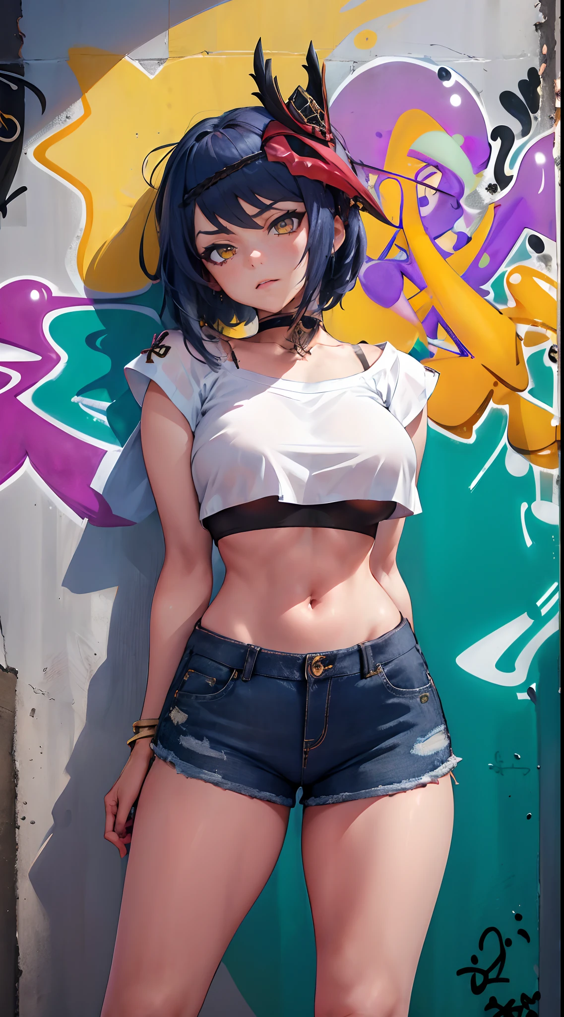 Kujou Sara Genshin Effect, masterpiece, bestquality, 1girls, mediuml breasts, long-haired ,Ponytail, bara, crop top, shorts jeans, choker, (Graffiti:1.5), Splash with purple lightning pattern., arm behind back, against wall, Look at the audience from behind., bracelet, Thigh strap, Head tilt, bored, Ponytail, water eyes,