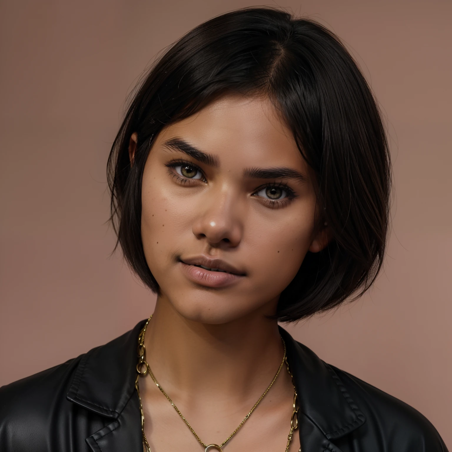 A Professional Photo Of An Indigenous Young Woman, ((Tupi Guarani Girl)), ((Tupinambá)), (21 Years Old), Tanned Skin Tone, ((Face Features Of Taylor Lautner)), ((Androgynous Face Features)), ((Bob Cut Hair)), Curly Black Hair, Flowy Hairstyle, Pores, Realistic Skin, Brown Eyes, Wearing Makeup, Wearing Streetwear Clothing Style, ((Tomboy Clothing Style)), Studio Background, 90s Style Photography, Mugshot, Face Focused
