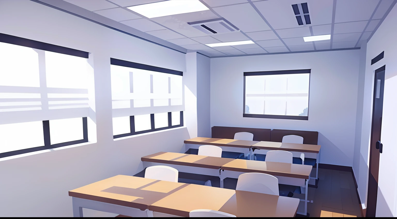 Office Wall、white desk、Lots of chairs、window、window shade、Stable composition、No person