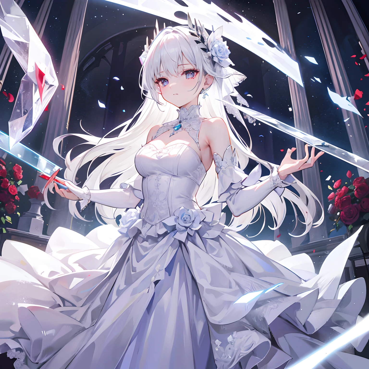 A lady in a white wedding dress，She has silvery-white hair，There is a tear mole in the corner of the right eye，exquisite facial features，Holding a crystal longsword in his left hand，In his right hand he holds a blood-red rose，Leaning against a forest of crystal stone pillars，facing to audience，4k画质，Beautiful wallpaper