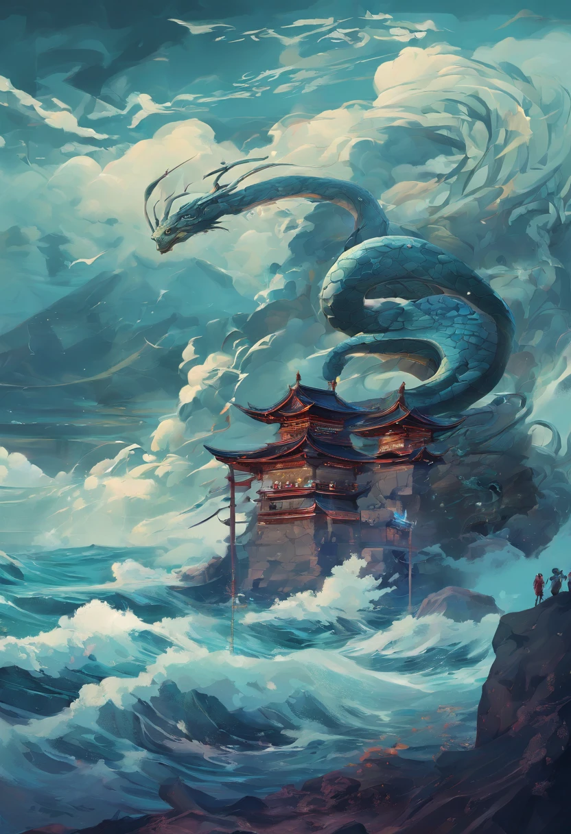 China-style,Chinese mythology,Xuanwu,faucet,Turtle body,Heavy tortoiseshell shell,The tail of the snake grows out,has horns on its head,tosen,Ferocious,gargantuan,The eyes glow blue light,the sea,Huge waves,surrounded by cloud,中景 the scene is,Full body like, highly detailed surreal vfx,oc rendered, - AR 16:9 --q 2 --s 1000