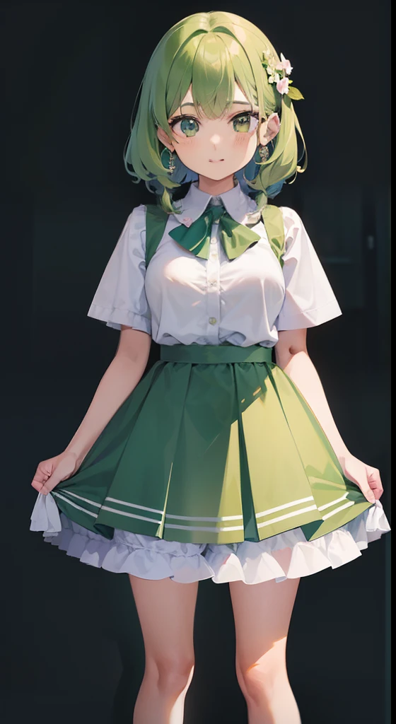 3DMM Style, (masutepiece, Best Quality), Intricate details, 1girl in, Solo, Green hair, flower hair clip, ｛Suspicious expressions｝、Green dress、a short skirt、Angle from below、 Looking at Viewer,｛{{skirt lift by yourself}}｝、{{{white  panties}}｝、pretty Panties、{{Panties exposed}}、{{ｵﾏﾝｺThe shape of the shape is clear}}、{{palpableｵﾏﾝｺ}}、{{{The panties are very see-through}}}、{{The panties are digging into the crotch}}、{{Pubic hair grows}}、Manhair、{{{{Pubic hair through panties}}}}、{{{{Green pubic hair}}}}