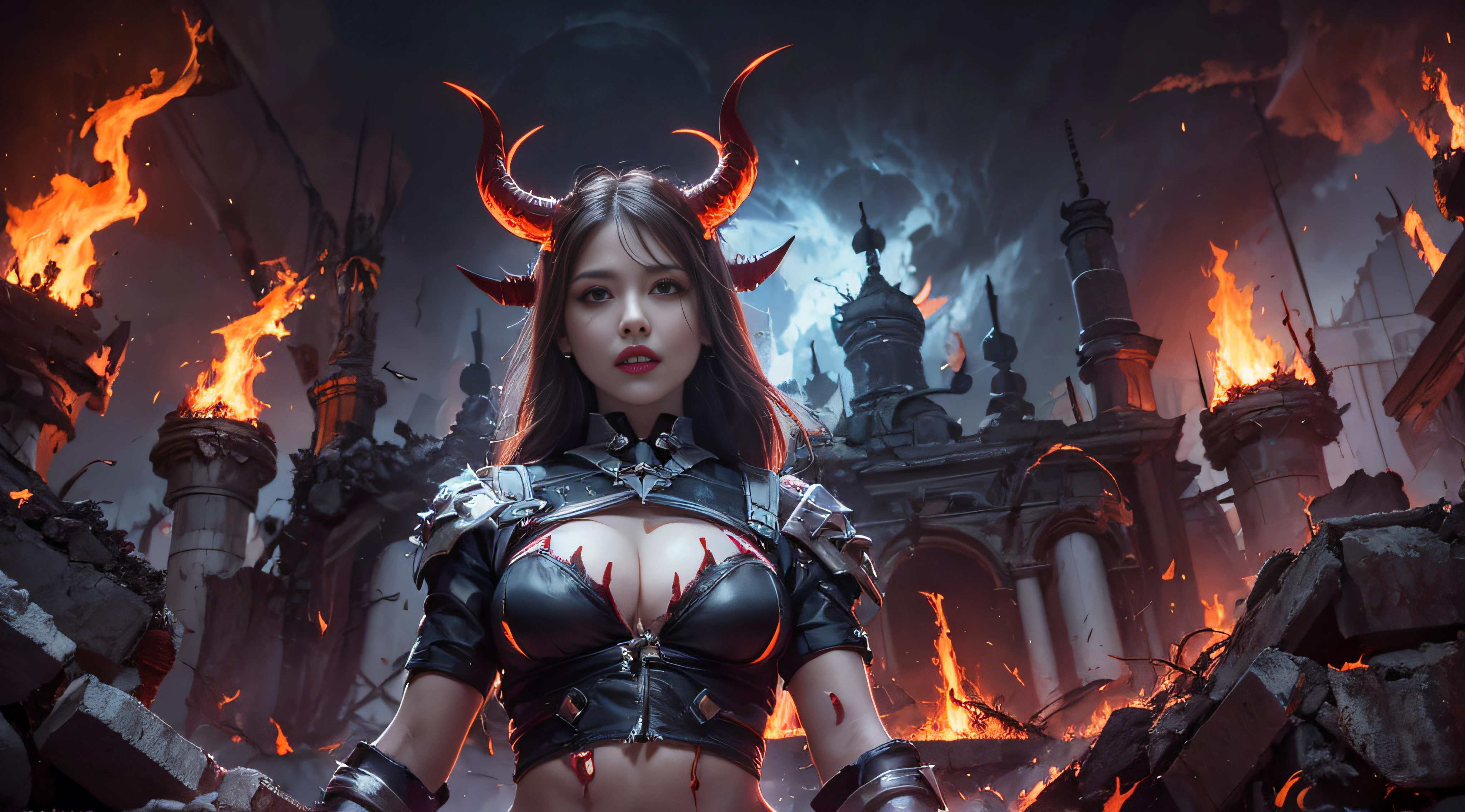 Beautiful underworld demoness stands defiant amongst the fire and ruins she created