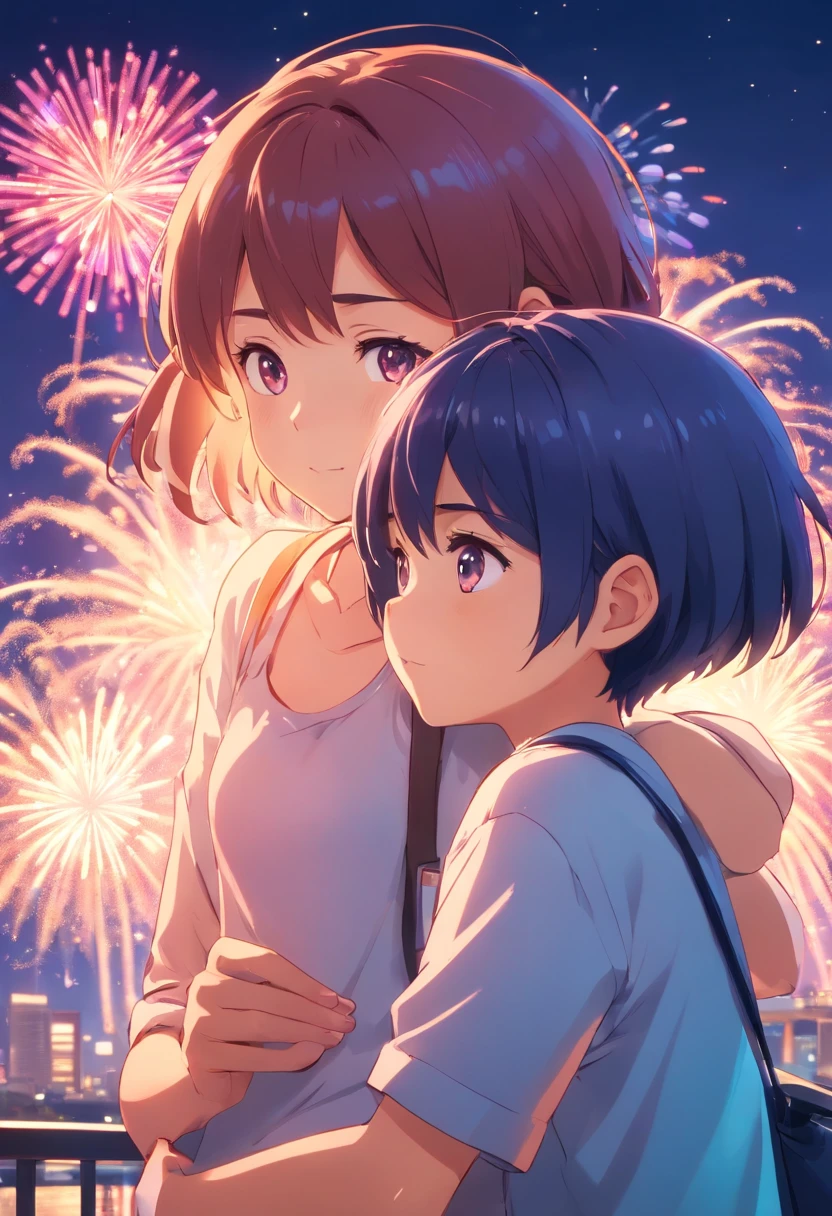 a noite,em rosa,Fireworks all over the sky,Heart-shaped bubbles,Couples of children,caricaturas,Chubby girl and boy hugging each other,Vaga-lumes brilhantes ao redor,,bonito e bonito,Kids illustration,efeitos de brilho,Efeito Dingdall,profundidade de campos,Luz alta,luz real,Traching de raias,oc renderizado,hyper-realistic,melhor qualidade,8k,Obras de mestres,super-fino,pelos pubianos detalhados,anatomia correta,sharp focus on eyes,Bokeh,Facial features are carefully described